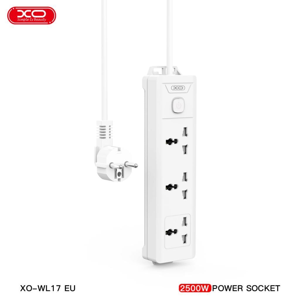 XO WL17(EU) Akım Korumalı 3'lü Grup Priz, 3 Evrensel Priz, 2 Metre Kablo, 2500W, Açma Kapama Anahtarlı, Alev Geciktirici Priz