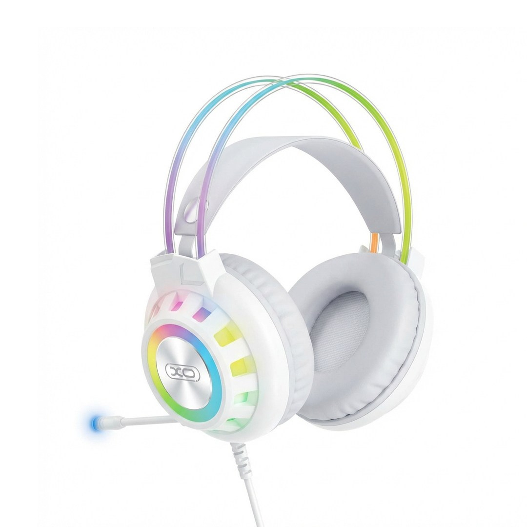 XO XO GE10 RGB Işıklı 50 mm Mikrofonlu Kablolu Gaming Oyuncu Kulaklığı USB ve 3.5 mm Jak Kontrol Üniteli Adaptörlü Beyaz