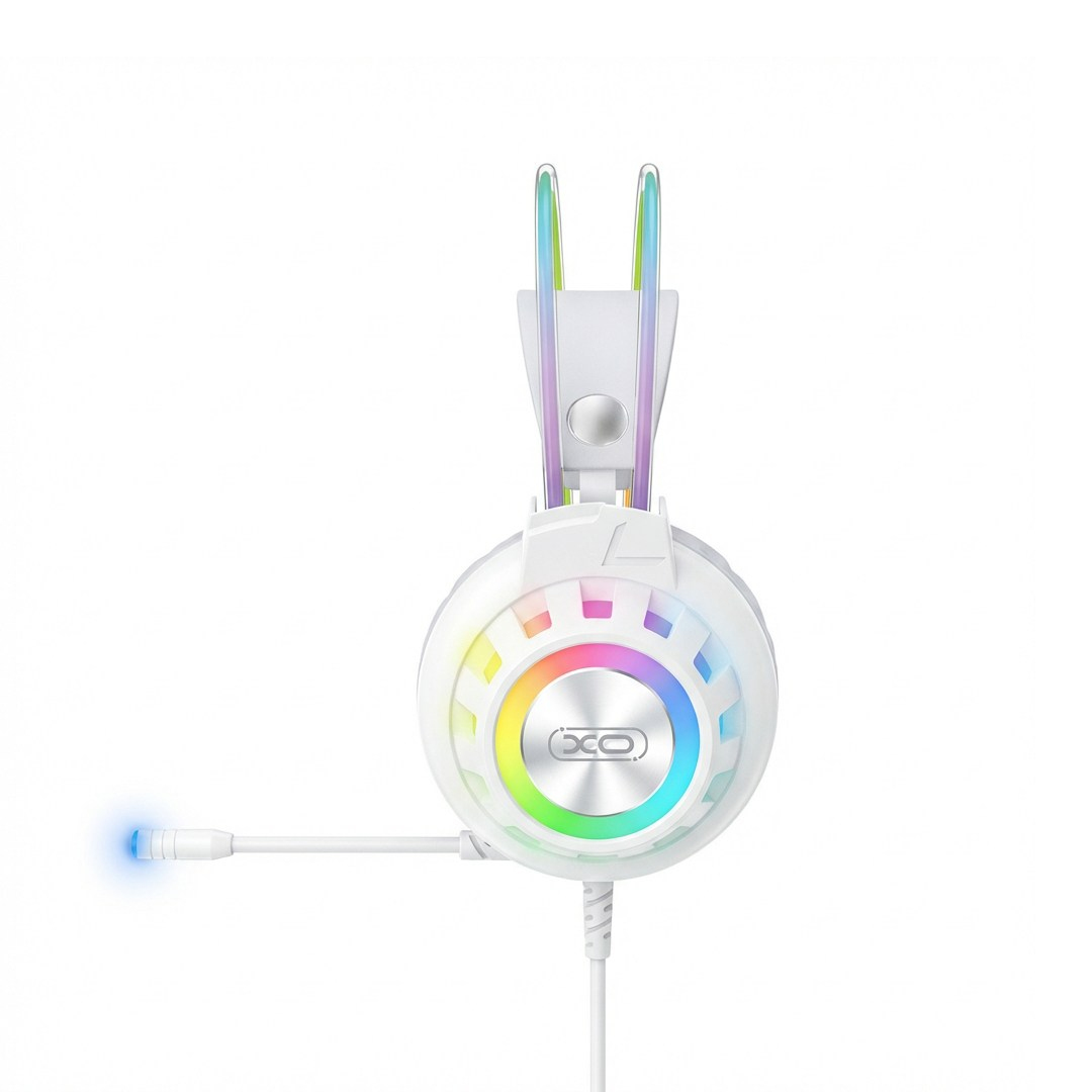 XO XO GE10 RGB Işıklı 50 mm Mikrofonlu Kablolu Gaming Oyuncu Kulaklığı USB ve 3.5 mm Jak Kontrol Üniteli Adaptörlü Beyaz
