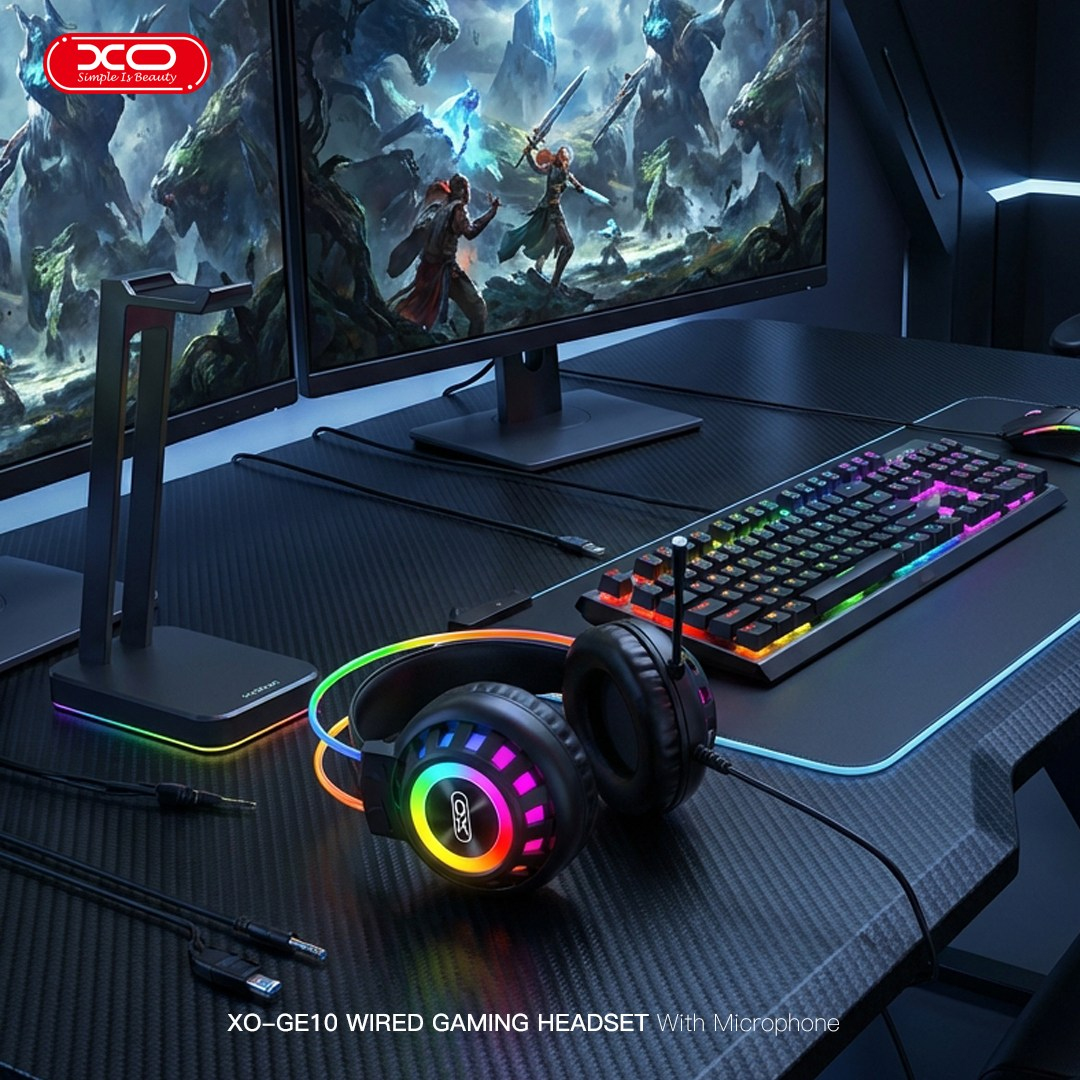 XO XO GE10 RGB Işıklı 50 mm Mikrofonlu Kablolu Gaming Oyuncu Kulaklığı USB ve 3.5 mm Jak Kontrol Üniteli Adaptörlü