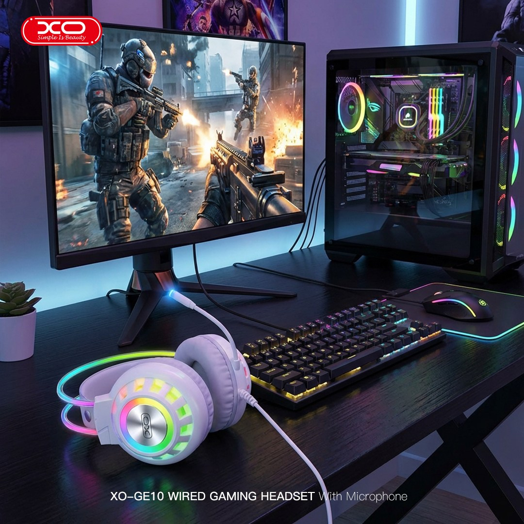 XO XO GE10 RGB Işıklı 50 mm Mikrofonlu Kablolu Gaming Oyuncu Kulaklığı USB ve 3.5 mm Jak Kontrol Üniteli Adaptörlü Beyaz