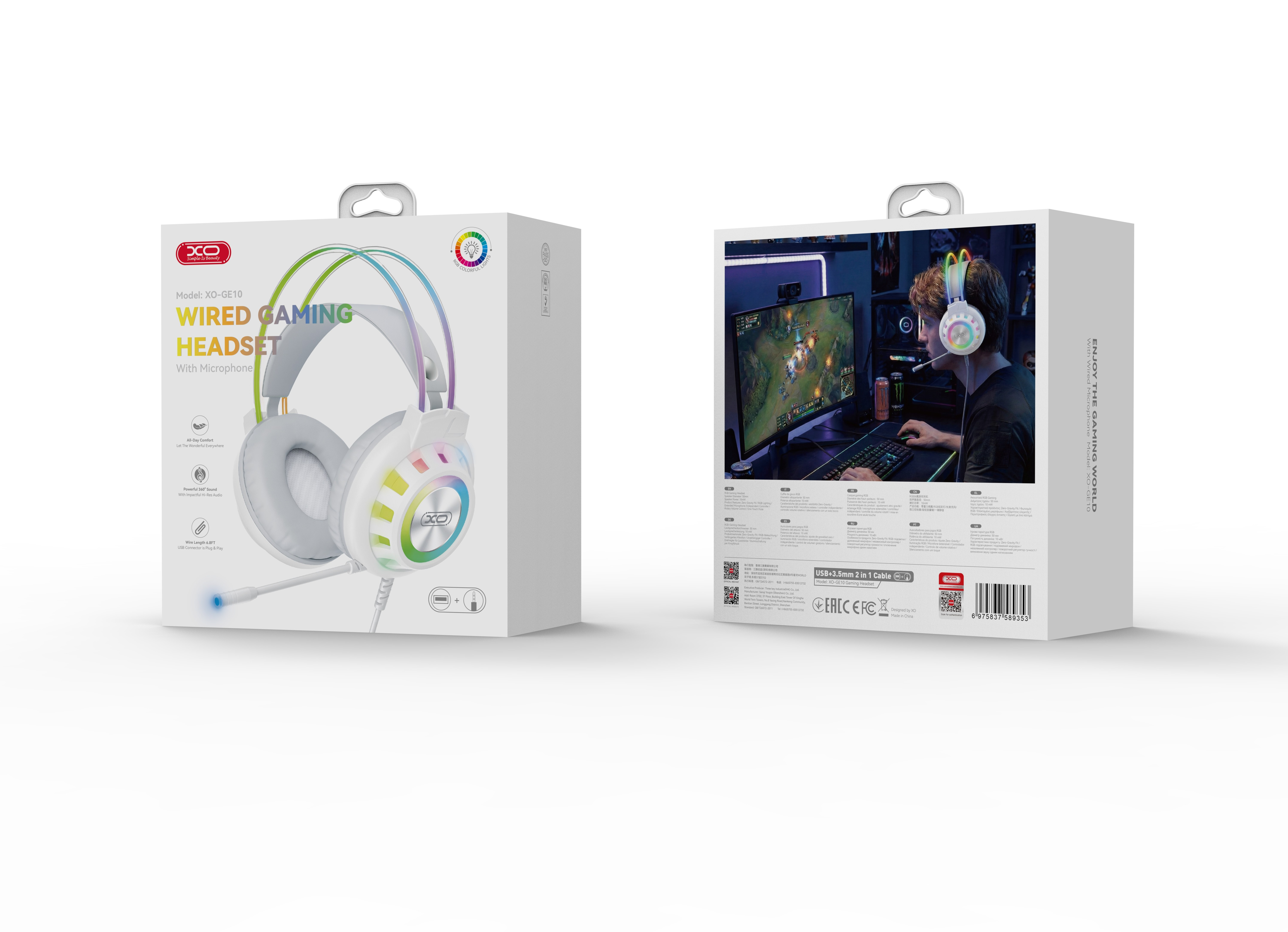 XO XO GE10 RGB Işıklı 50 mm Mikrofonlu Kablolu Gaming Oyuncu Kulaklığı USB ve 3.5 mm Jak Kontrol Üniteli Adaptörlü Beyaz