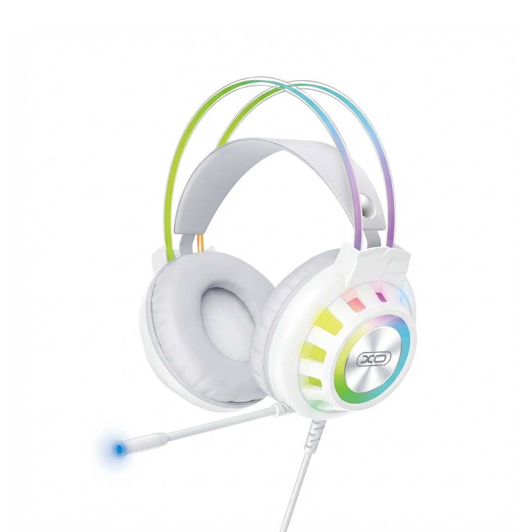 XO XO GE10 RGB Işıklı 50 mm Mikrofonlu Kablolu Gaming Oyuncu Kulaklığı USB ve 3.5 mm Jak Kontrol Üniteli Adaptörlü Beyaz
