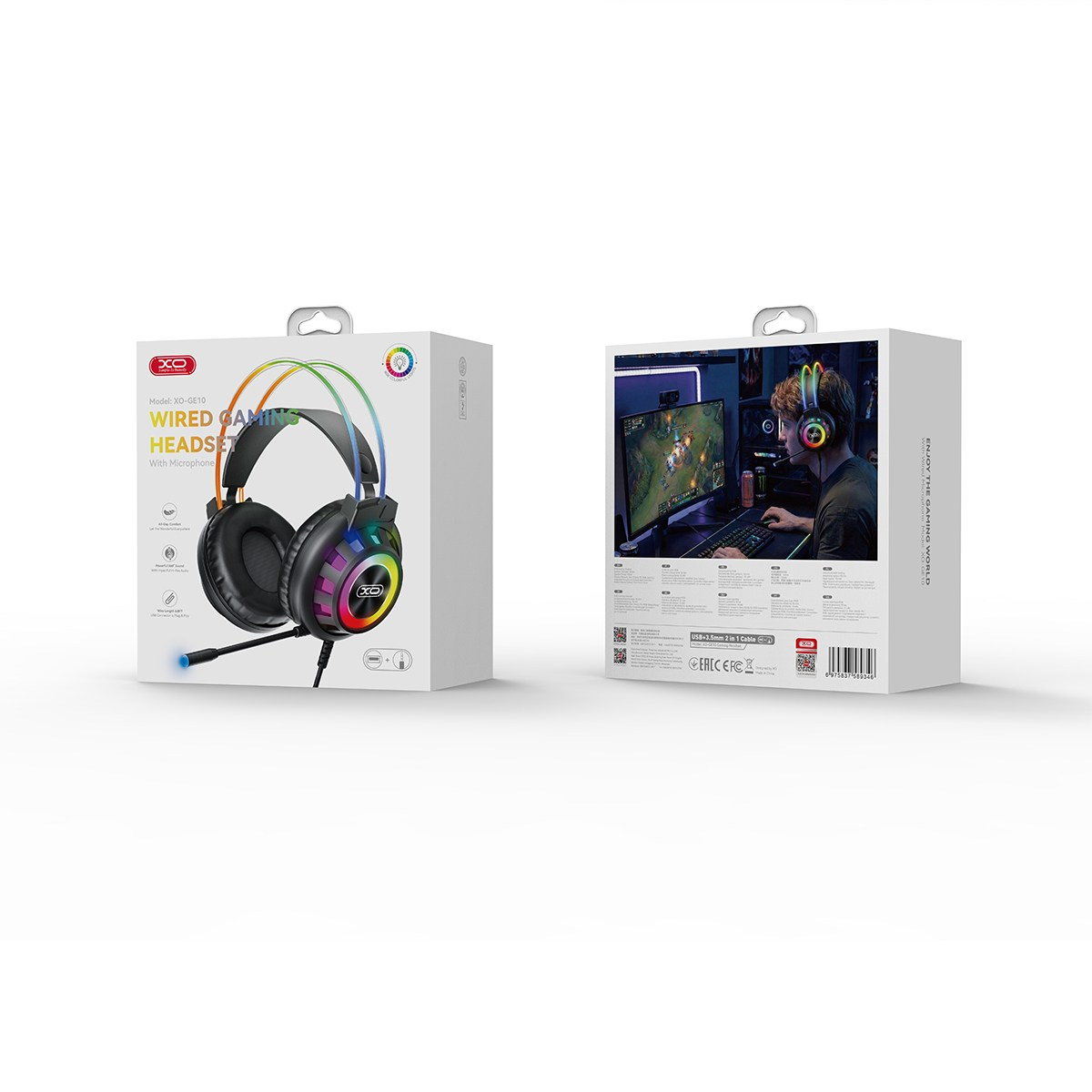 XO XO GE10 RGB Işıklı 50 mm Mikrofonlu Kablolu Gaming Oyuncu Kulaklığı USB ve 3.5 mm Jak Kontrol Üniteli Adaptörlü Siyah