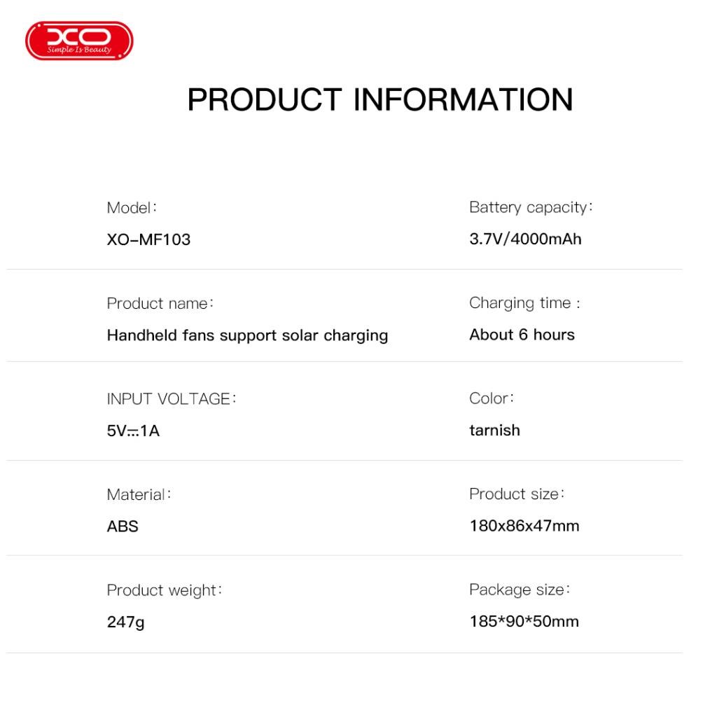 XO XO MF103 4000mAh Güneş Enerjili Şarj Edilebilir Masaüstü ve El Tipi Vantilatör