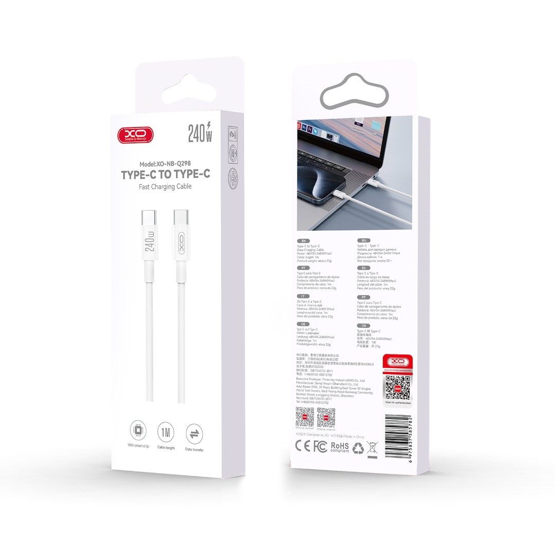 XO XO NB-Q298 240W Type-C to Type-C 1 Metre Hızlı Şarj ve Data Kablosu Beyaz