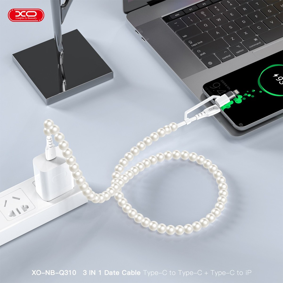 XO XO NB-Q310 Pearl Series 3'ü 1 Arada İnci Boncuklu 60W Type-C ve 27W Lightning 1 Metre Şarj ve Data Kablosu