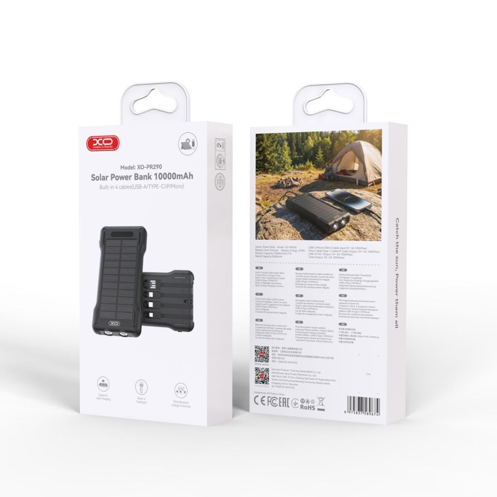 XO XO-PR290 10000 mAh Güneş Enerjili Powerbank 4 Dahili Kablolu Type-C Lightning Micro USB USB-A Hızlı Şarj Taşınabilir Powerbank