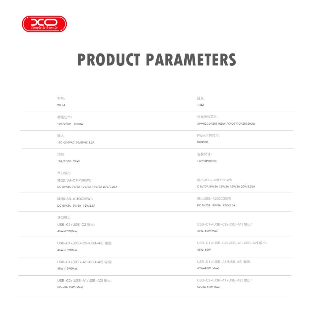 XO XO WL24 65W GaN Şarj İstasyonu 2 USB-C 2 USB-A 2 AC EU Prizli