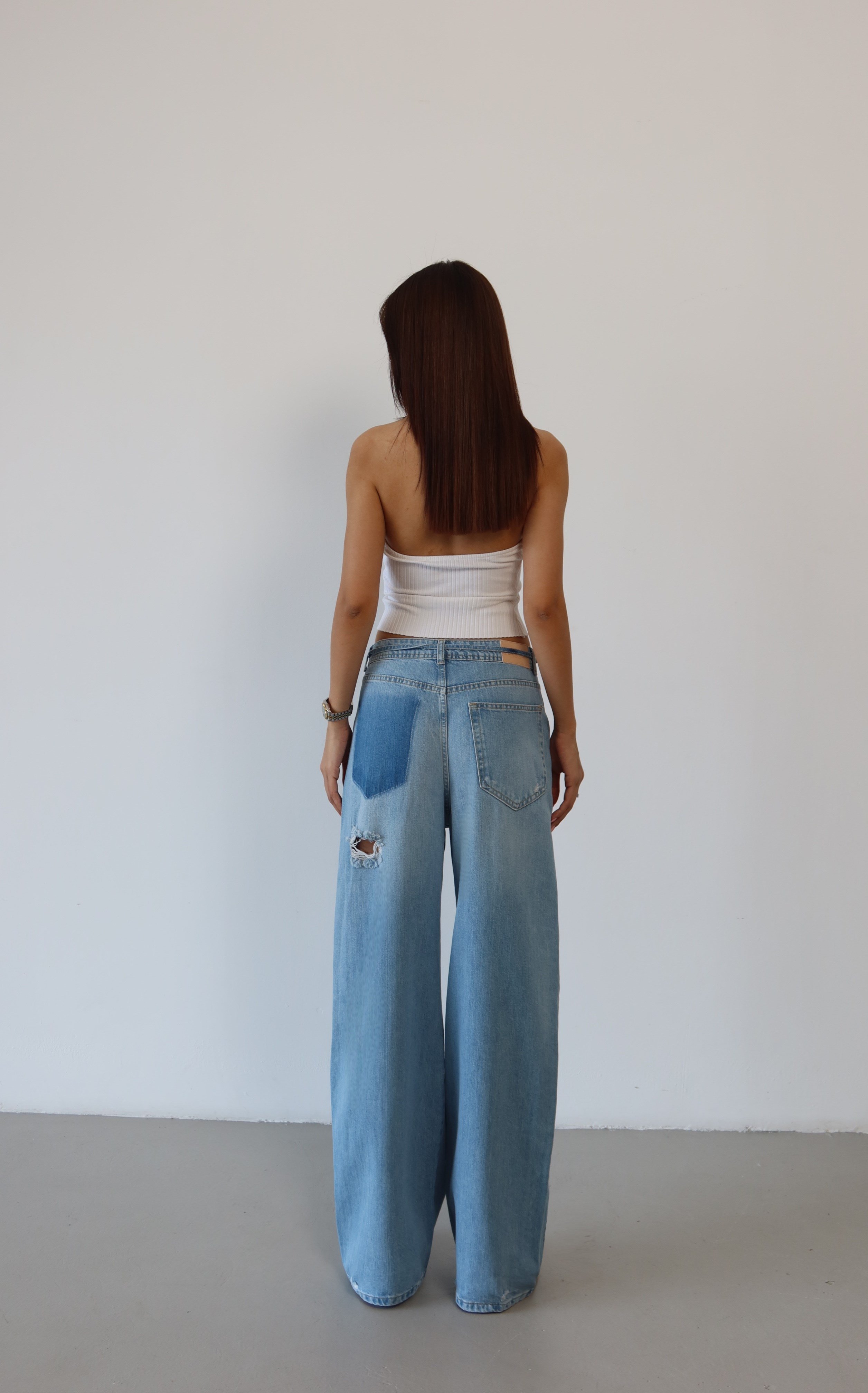 LACARINOYüksek Bel Lazer Kesim Detaylı Arka Tek Cep Baggy Kalıp Light Blue Jean Pantolon