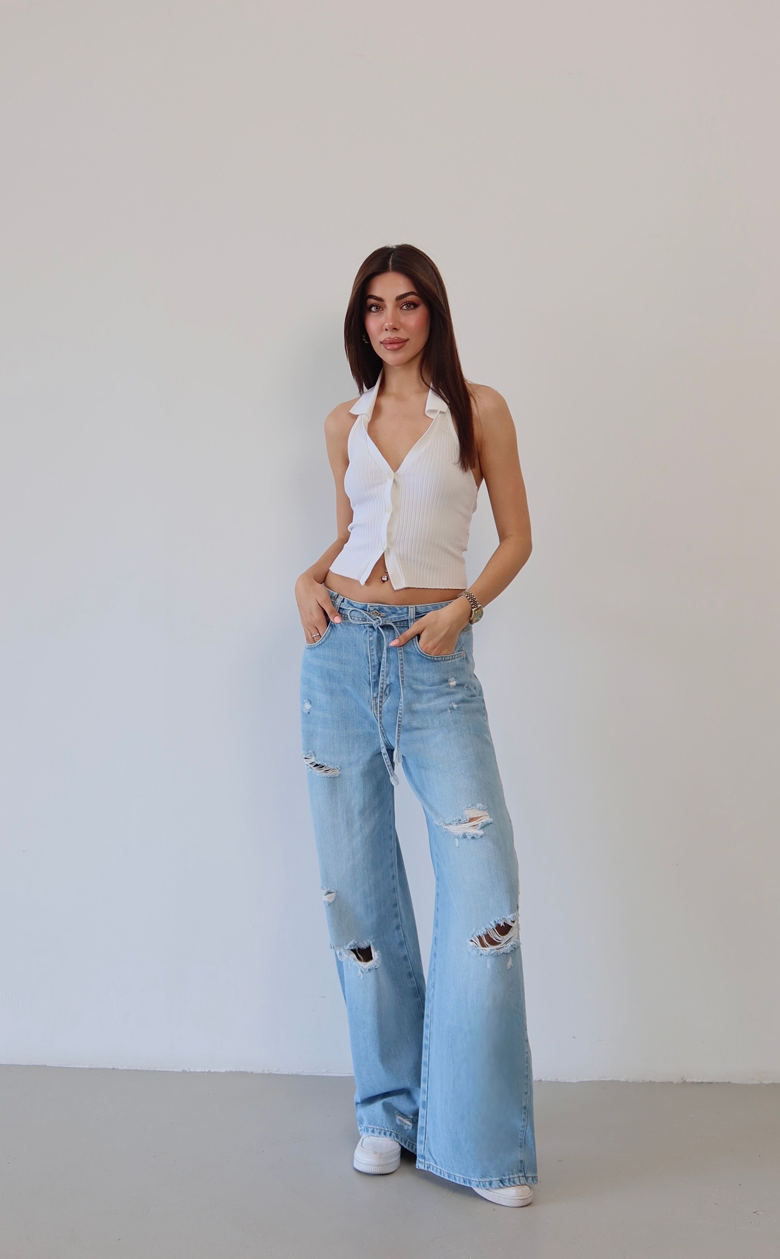 LACARINOYüksek Bel Lazer Kesim Detaylı Arka Tek Cep Baggy Kalıp Light Blue Jean Pantolon