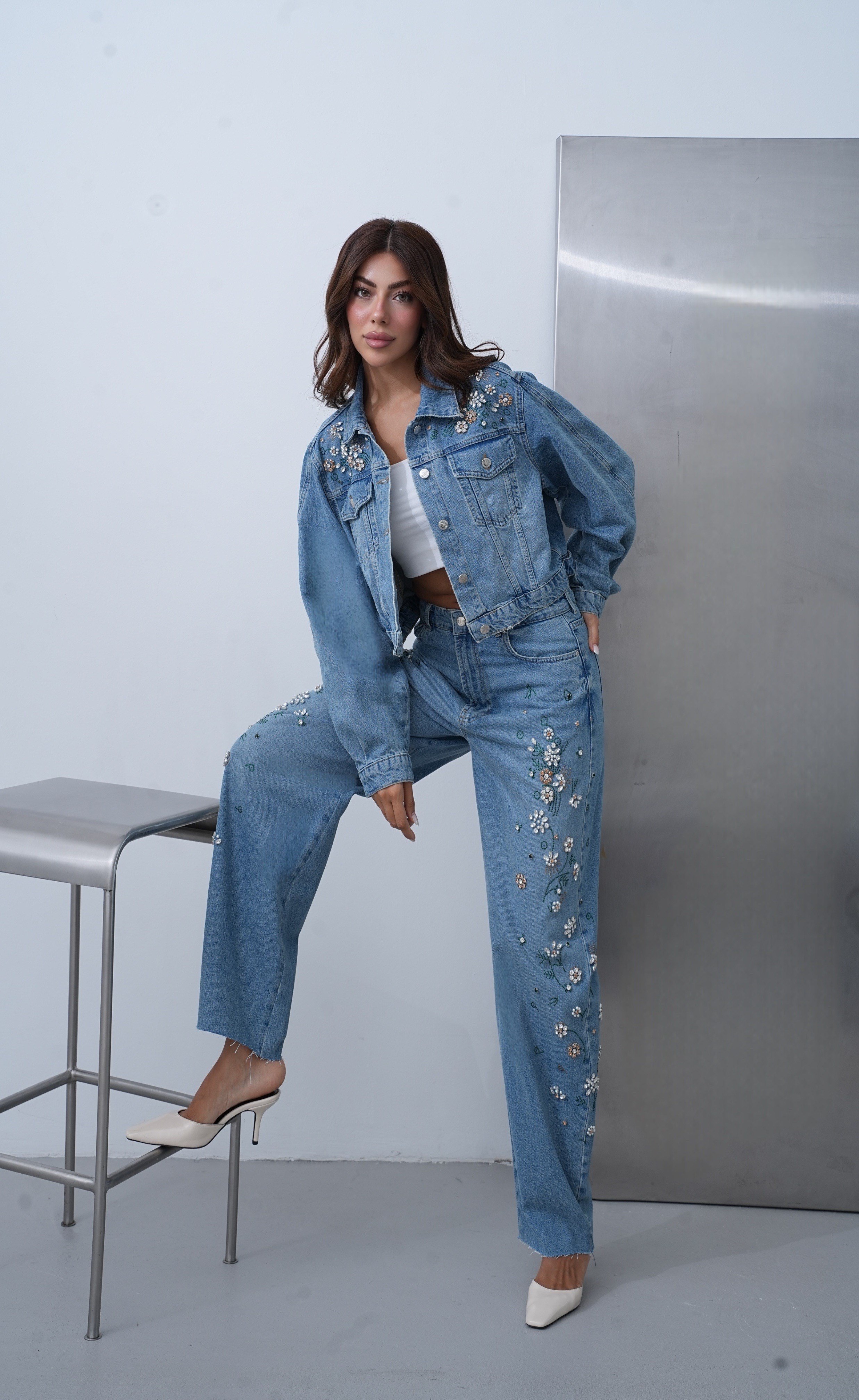 LACARINOYüksek Bel Baggy Kalıp Taşları Çakım Detaylı Bej Tint Jean Pantolon