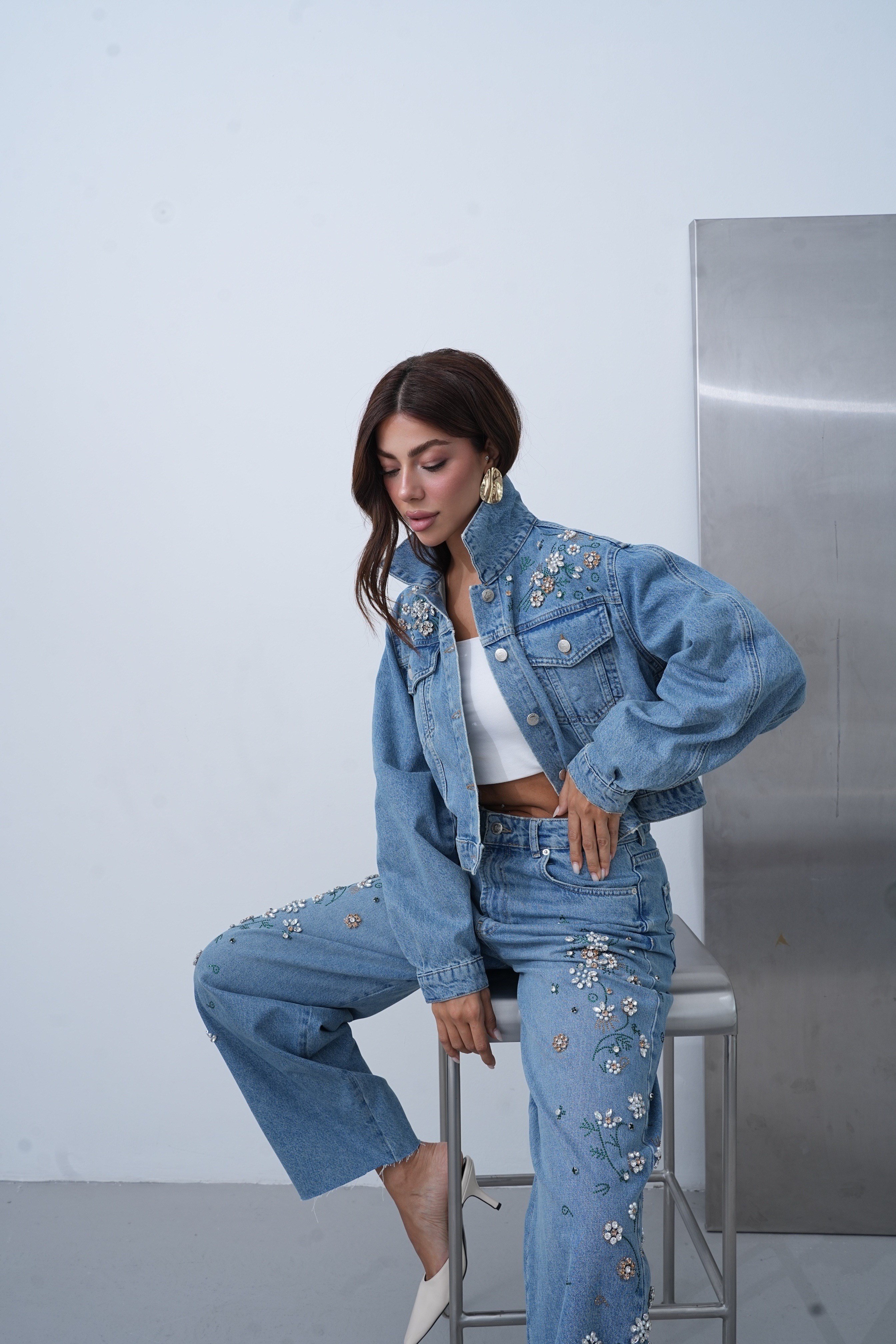 LACARINOYüksek Bel Baggy Kalıp Taşları Çakım Detaylı Bej Tint Jean Pantolon