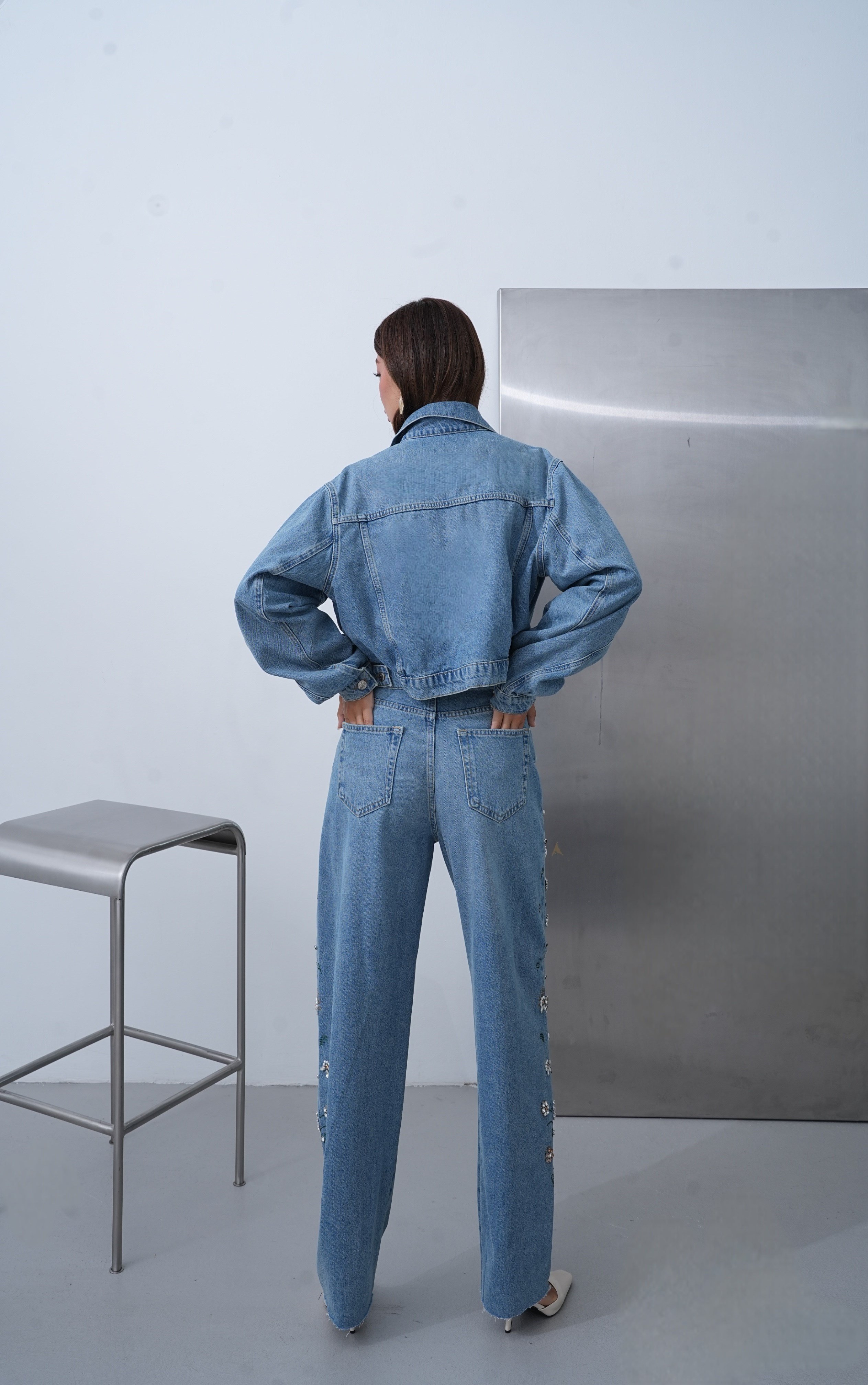 LACARINOYüksek Bel Baggy Kalıp Taşları Çakım Detaylı Bej Tint Jean Pantolon