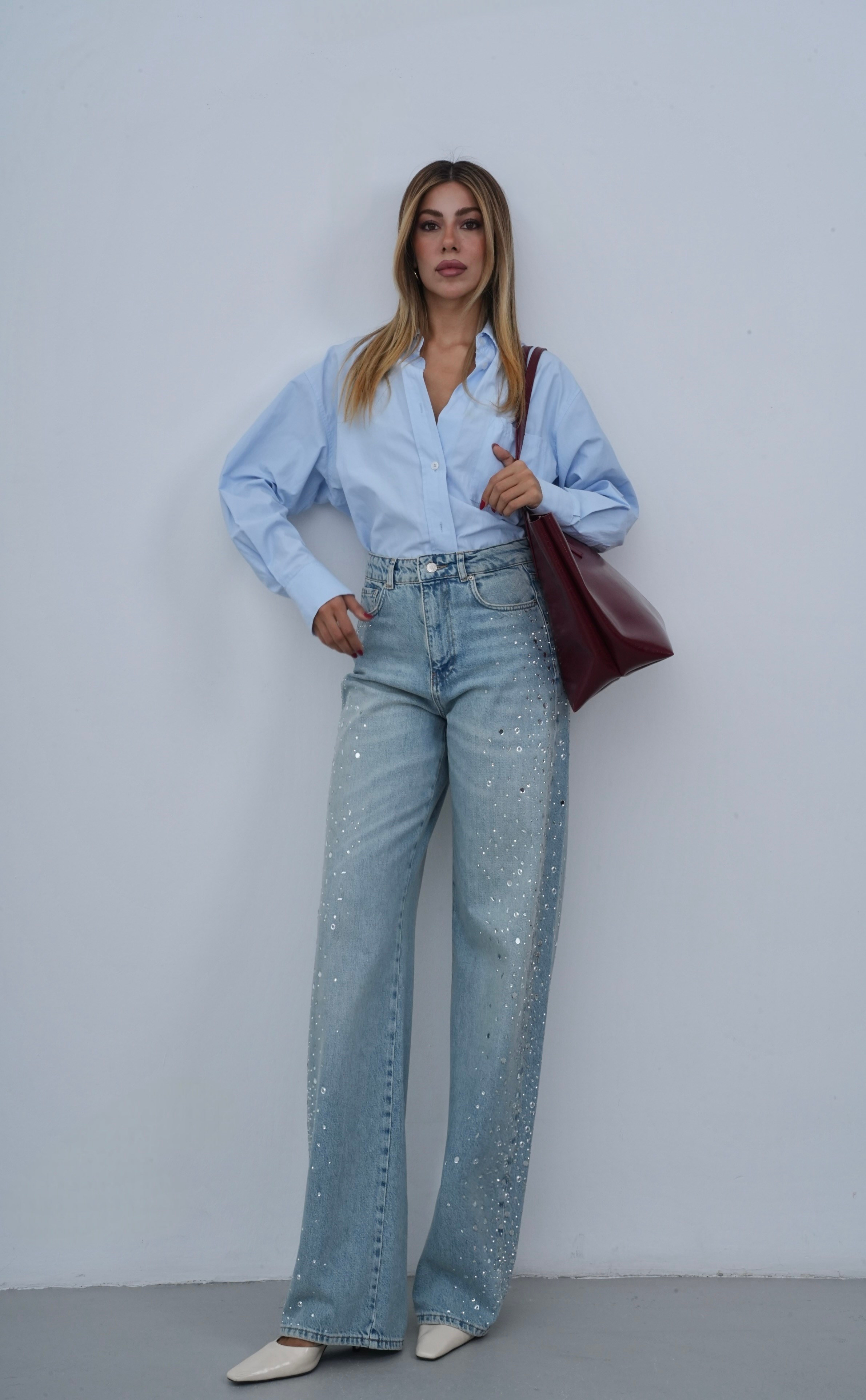 LACARINOYüksek Bel Baggy Kalıp Yandan Taş Detaylı Light Blue Tint Jean Pantolon