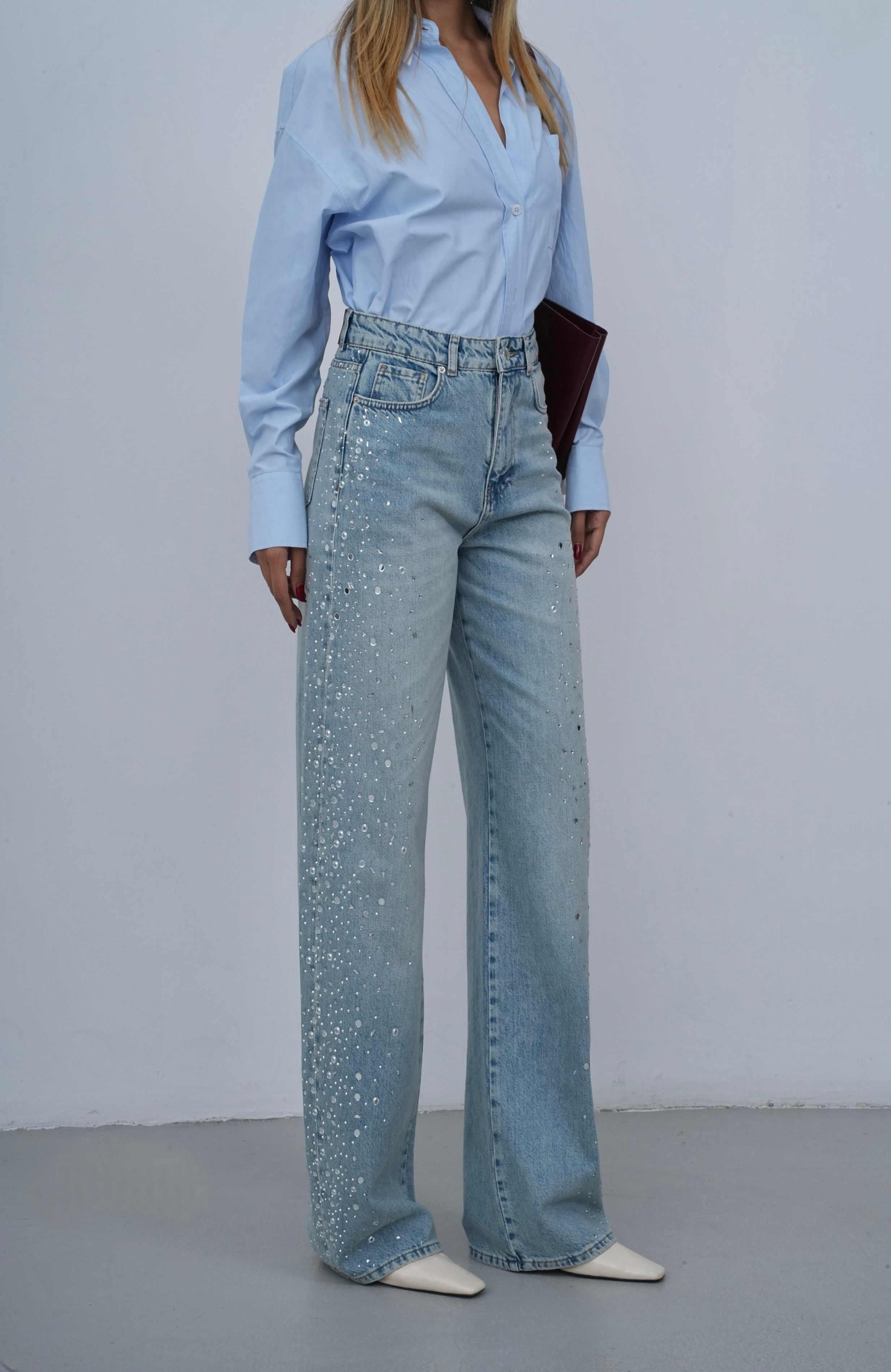 LACARINOYüksek Bel Baggy Kalıp Yandan Taş Detaylı Light Blue Tint Jean Pantolon