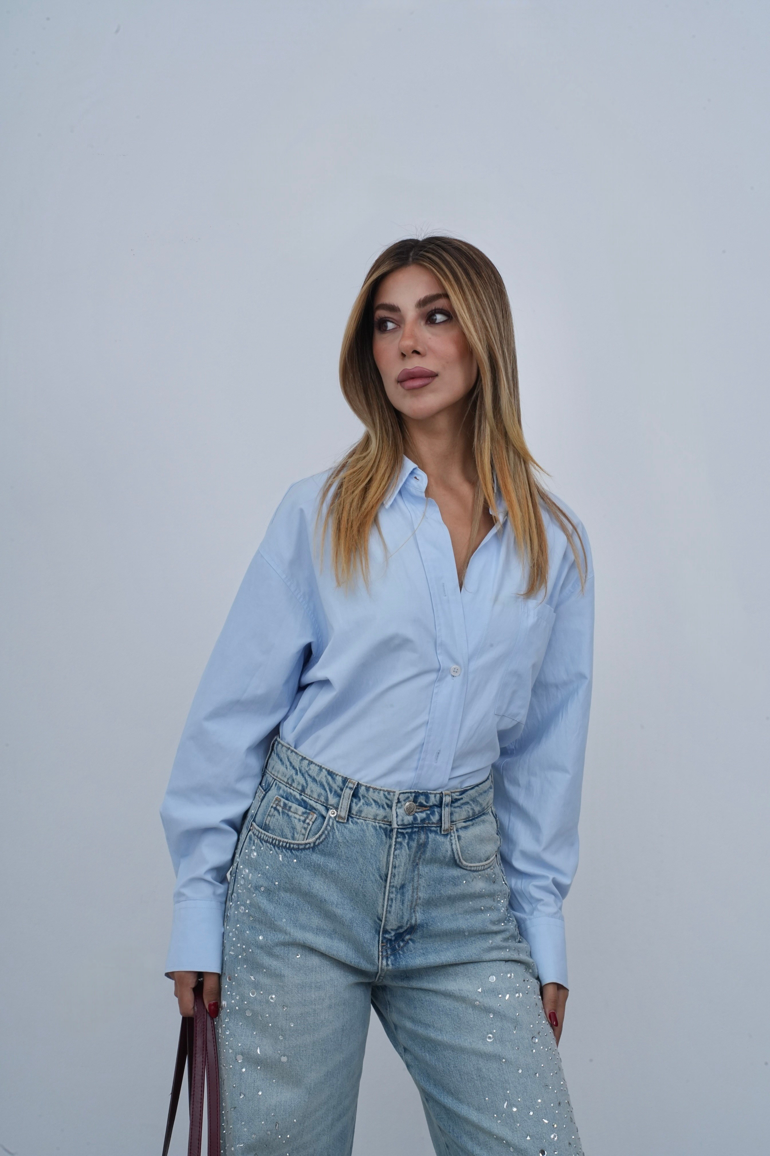 LACARINOYüksek Bel Baggy Kalıp Yandan Taş Detaylı Light Blue Tint Jean Pantolon