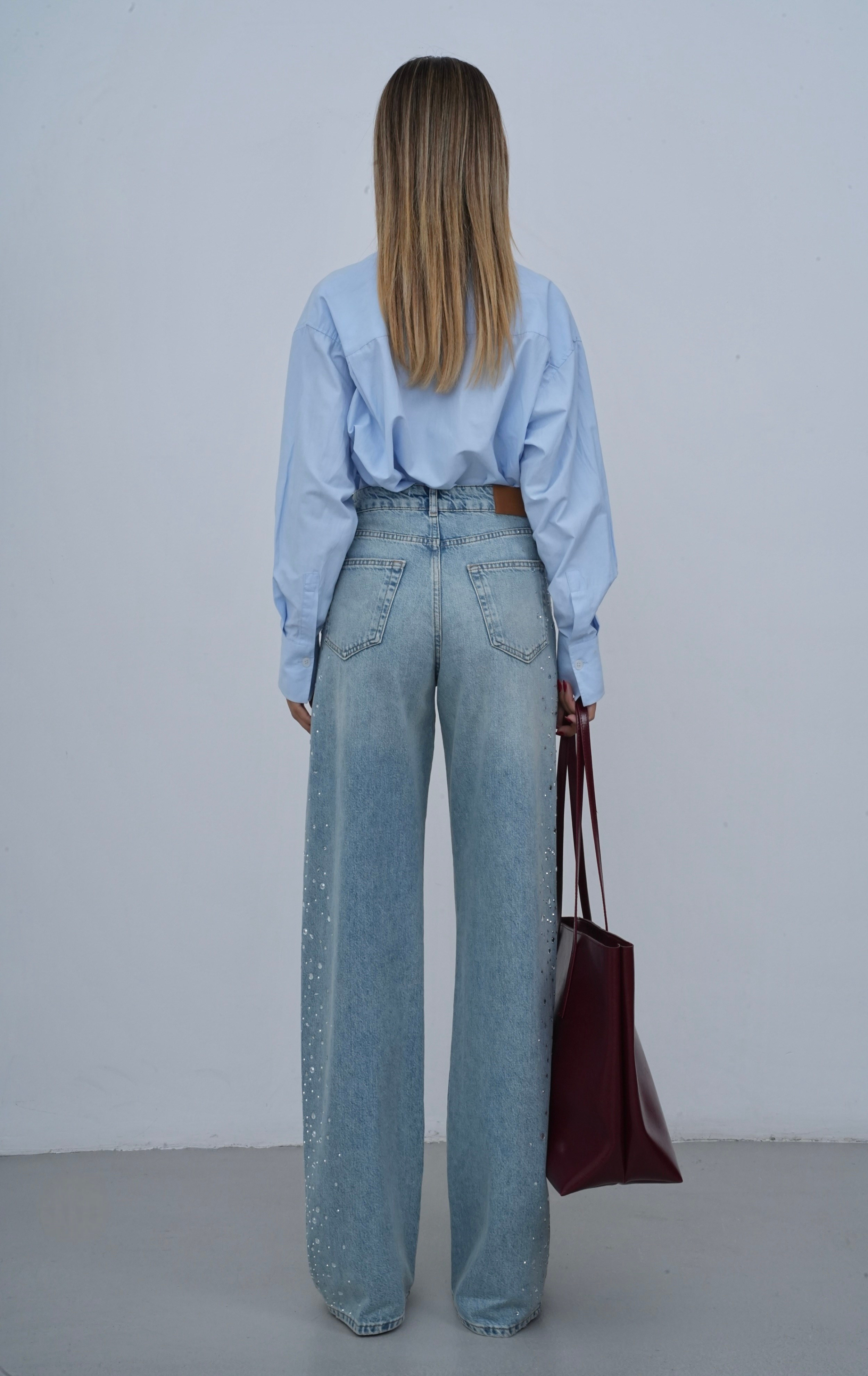 LACARINOYüksek Bel Baggy Kalıp Yandan Taş Detaylı Light Blue Tint Jean Pantolon