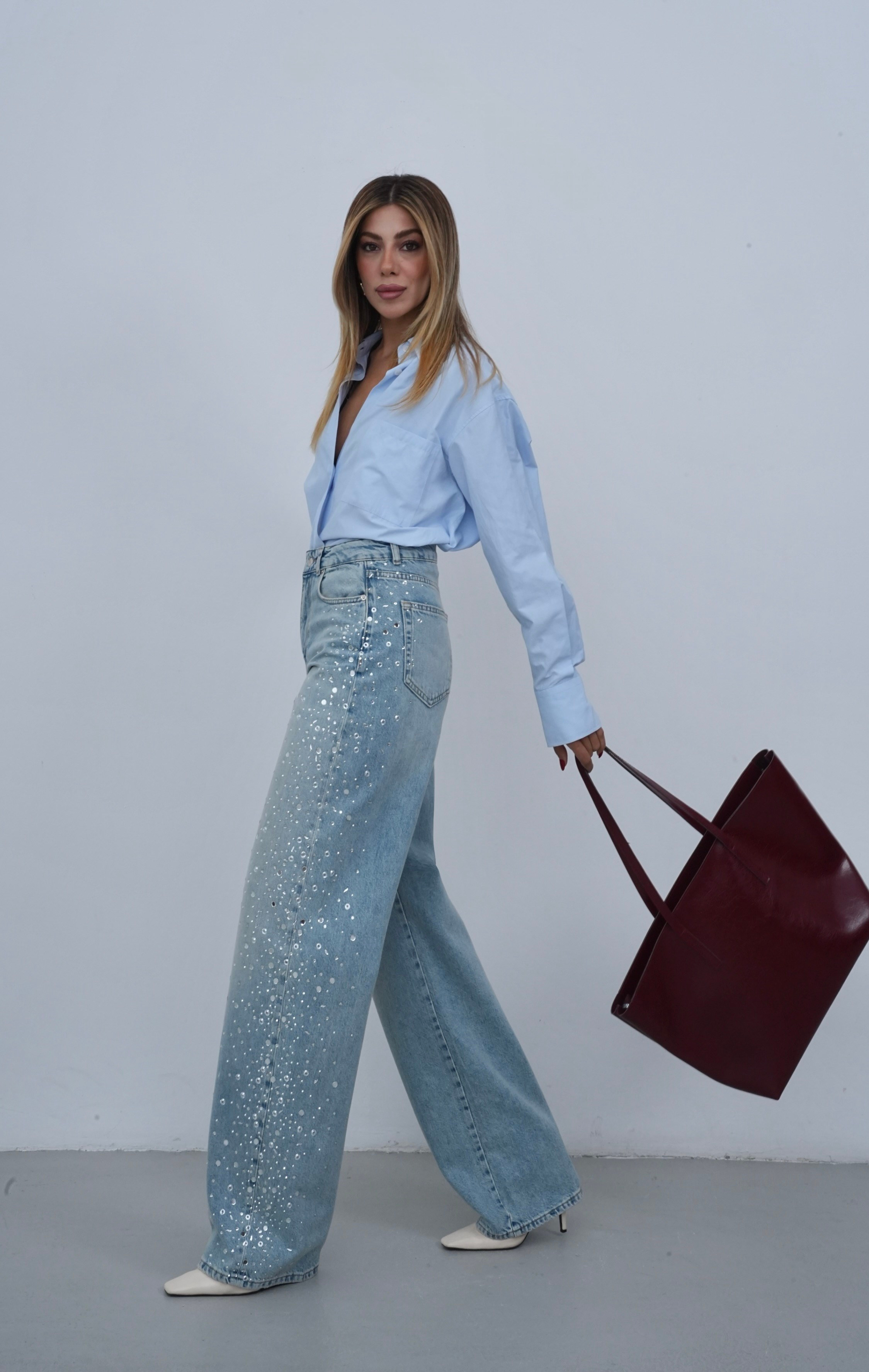 LACARINOYüksek Bel Baggy Kalıp Yandan Taş Detaylı Light Blue Tint Jean Pantolon