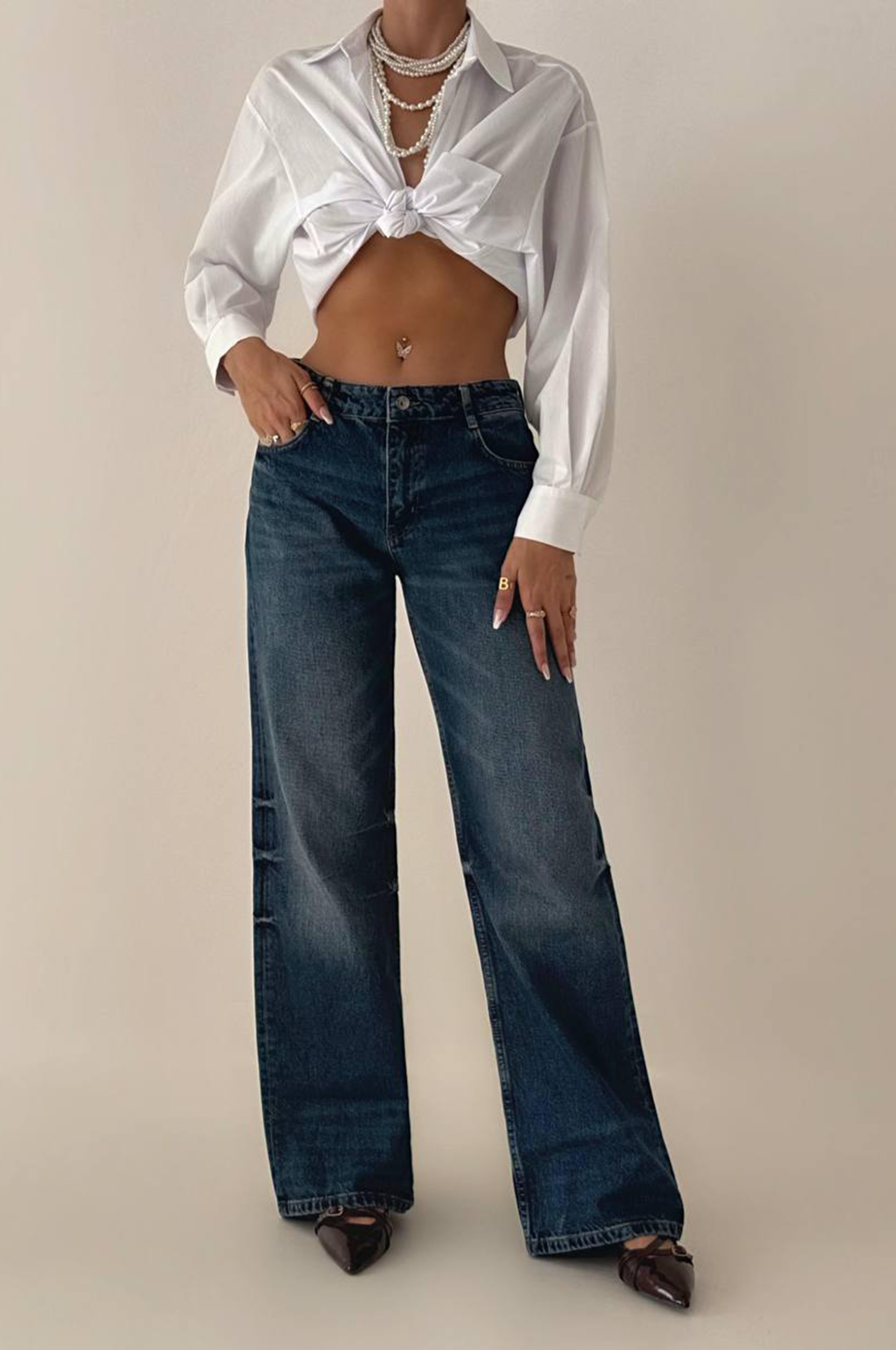 LACARINOYüksek Bel Bol Paça D.Blue Tint Baggy Flare Jean Pantolon