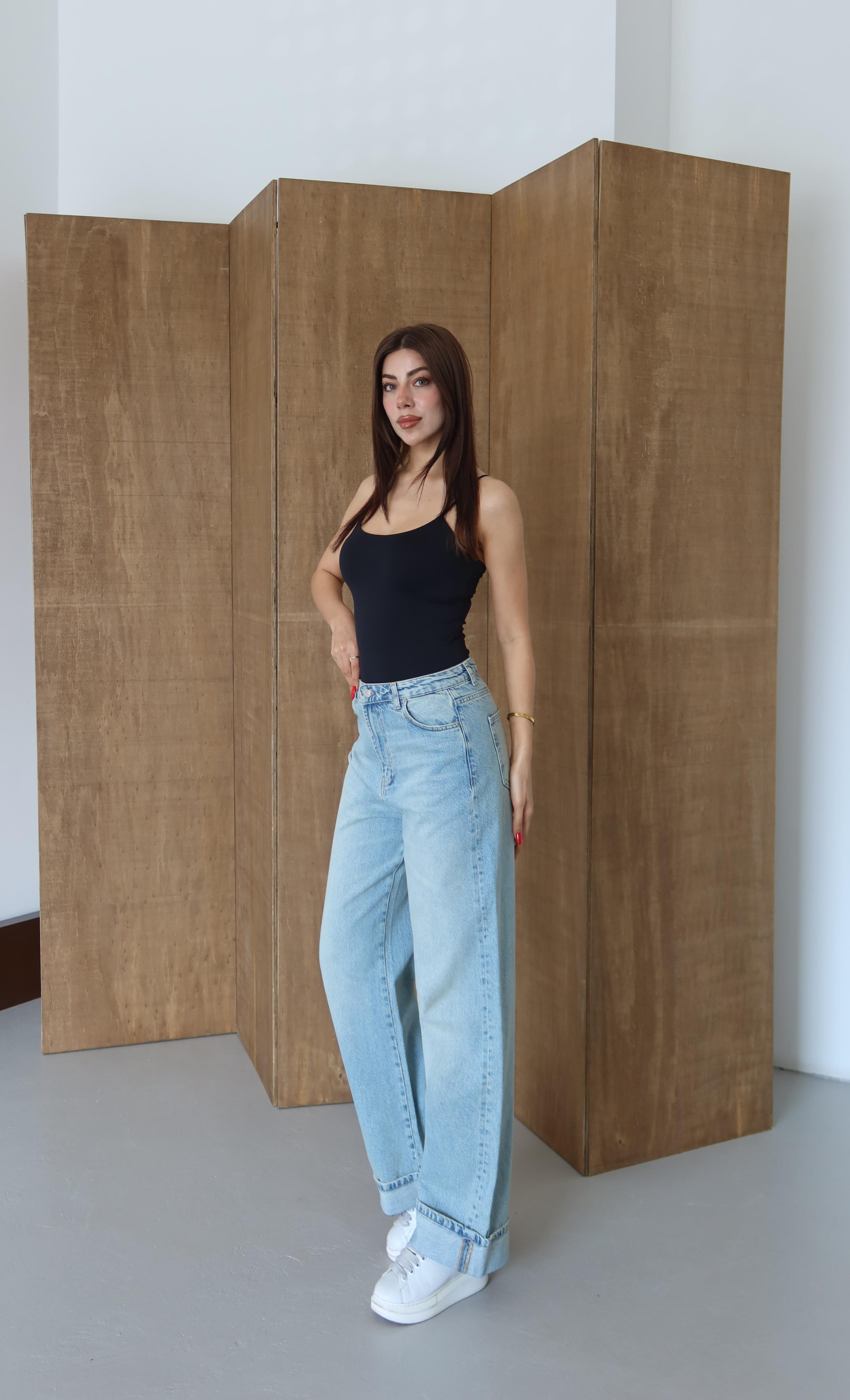 LACARINONormal Bel Baggy Foldup Kalıp Paça Katlama Detaylı Yeşil Tint Jean Pantolon
