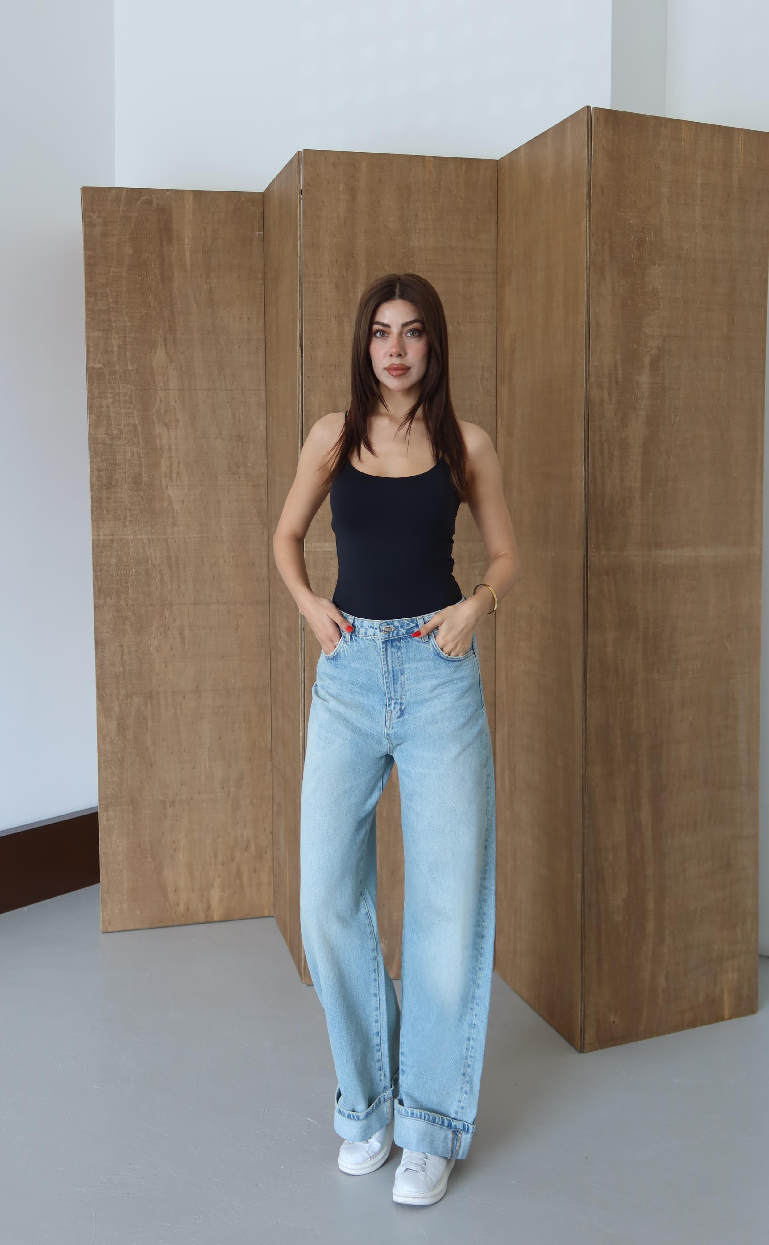 LACARINONormal Bel Baggy Foldup Kalıp Paça Katlama Detaylı Yeşil Tint Jean Pantolon
