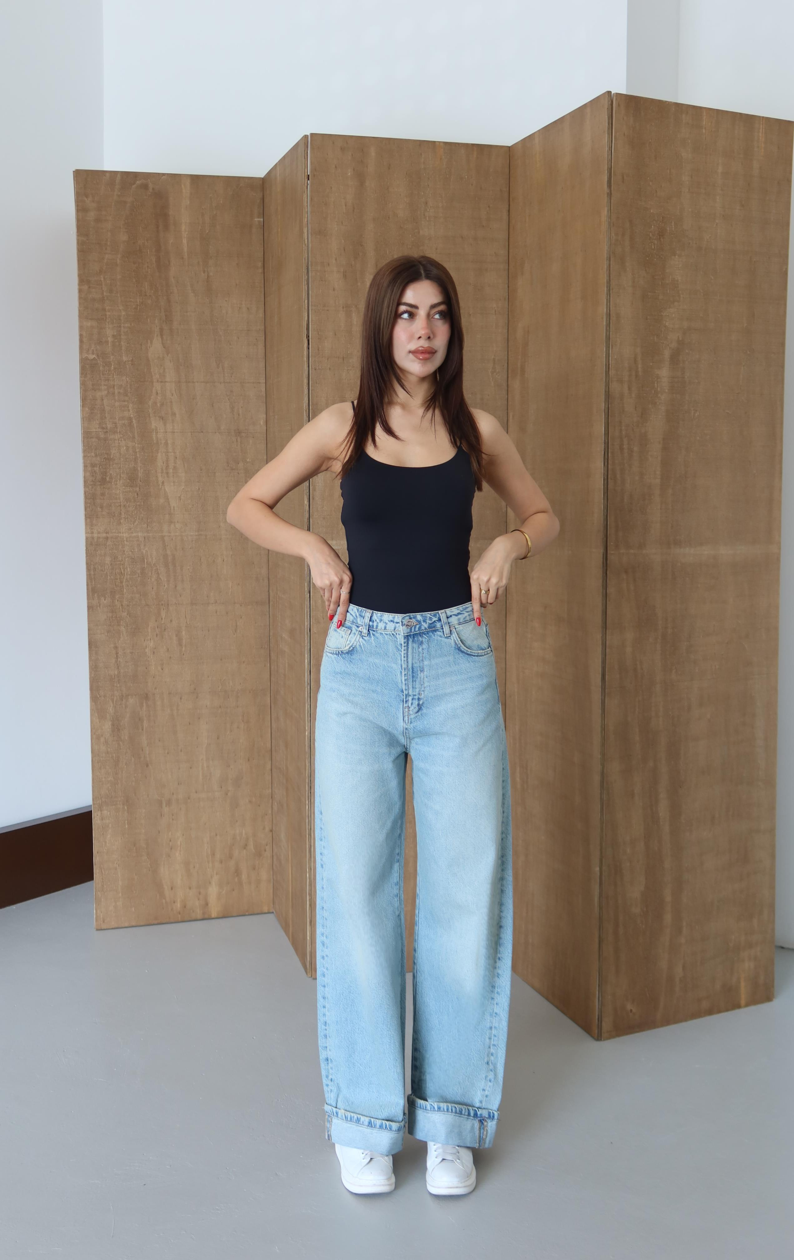 LACARINONormal Bel Baggy Foldup Kalıp Paça Katlama Detaylı Yeşil Tint Jean Pantolon