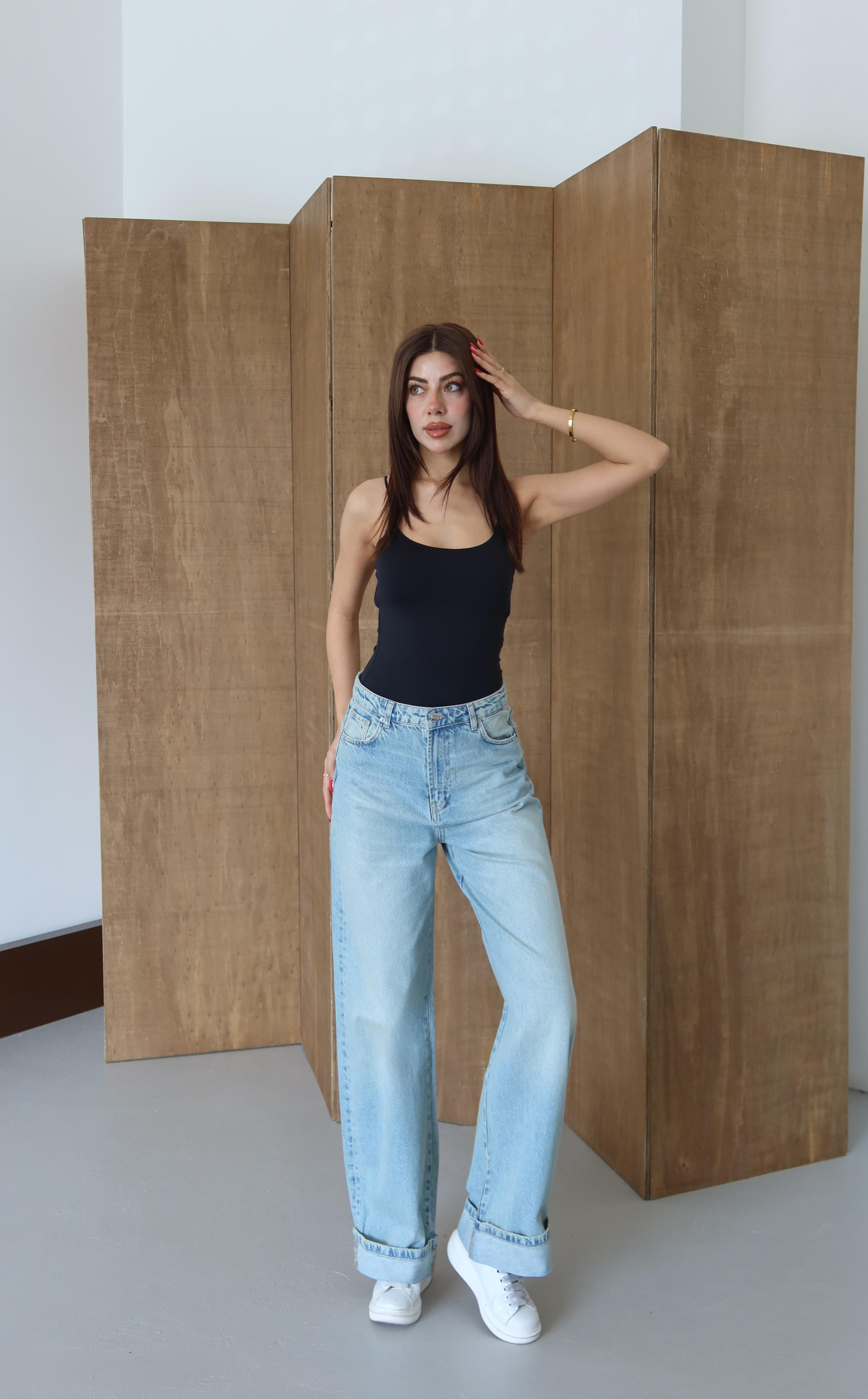 LACARINONormal Bel Baggy Foldup Kalıp Paça Katlama Detaylı Yeşil Tint Jean Pantolon