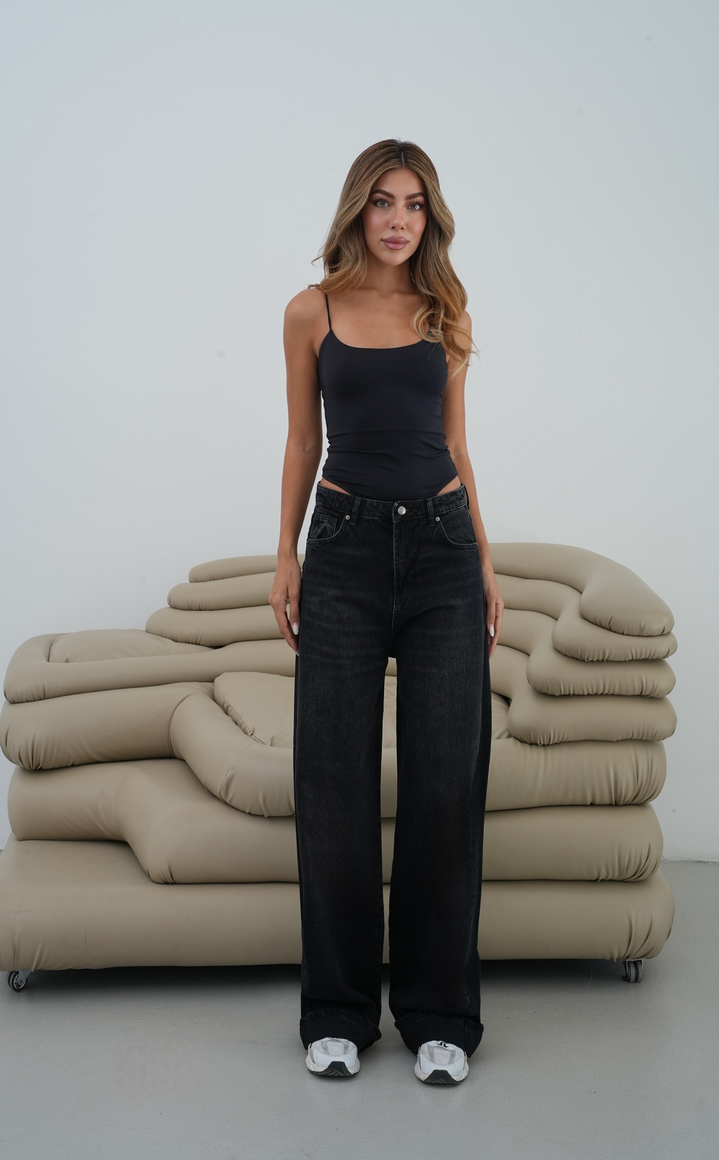 LACARINODüşük Bel Baggy Foldup Kalıp Paça Katlama Detaylı kadın Black Jean Pantolon