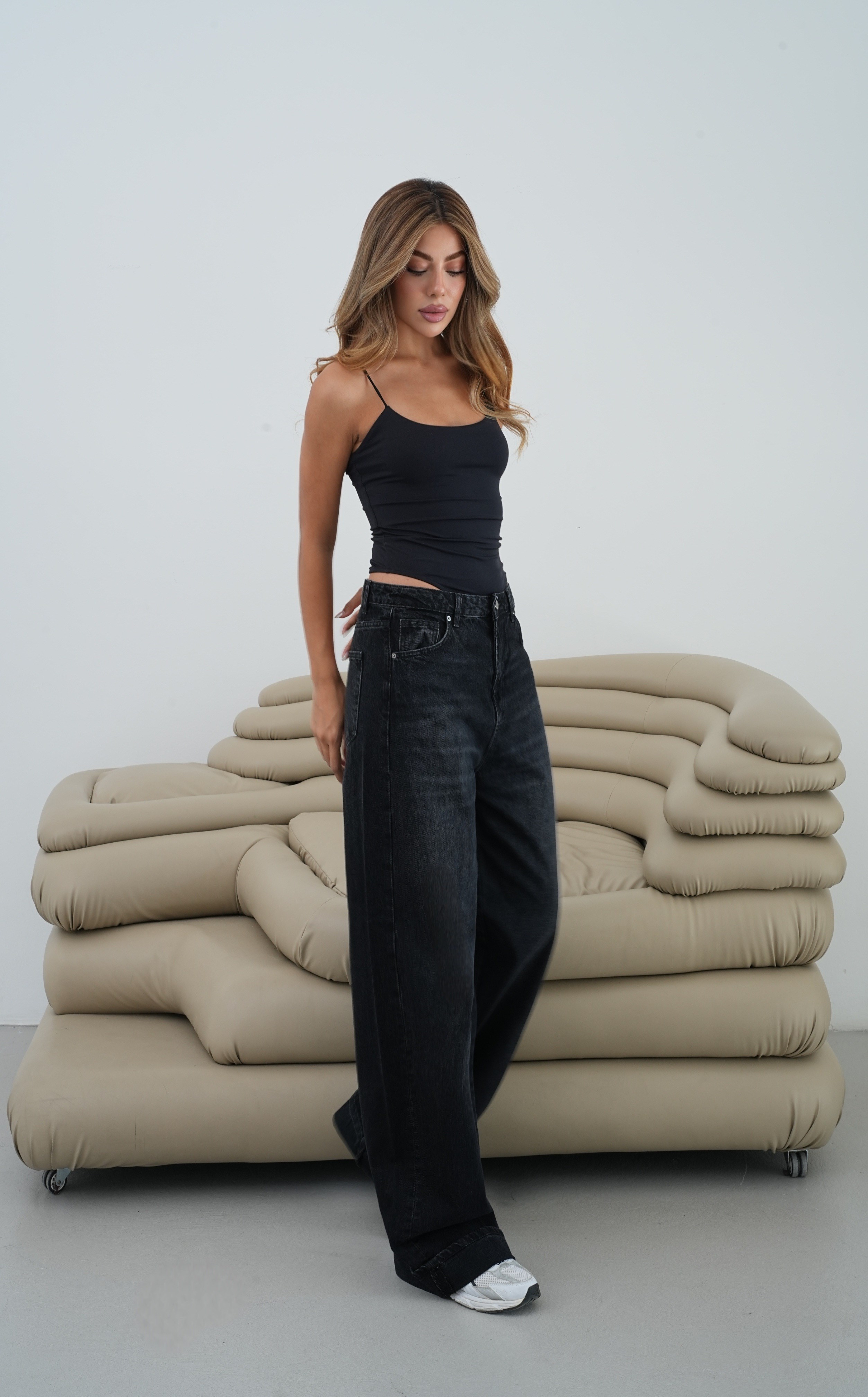 LACARINODüşük Bel Baggy Foldup Kalıp Paça Katlama Detaylı kadın Black Jean Pantolon