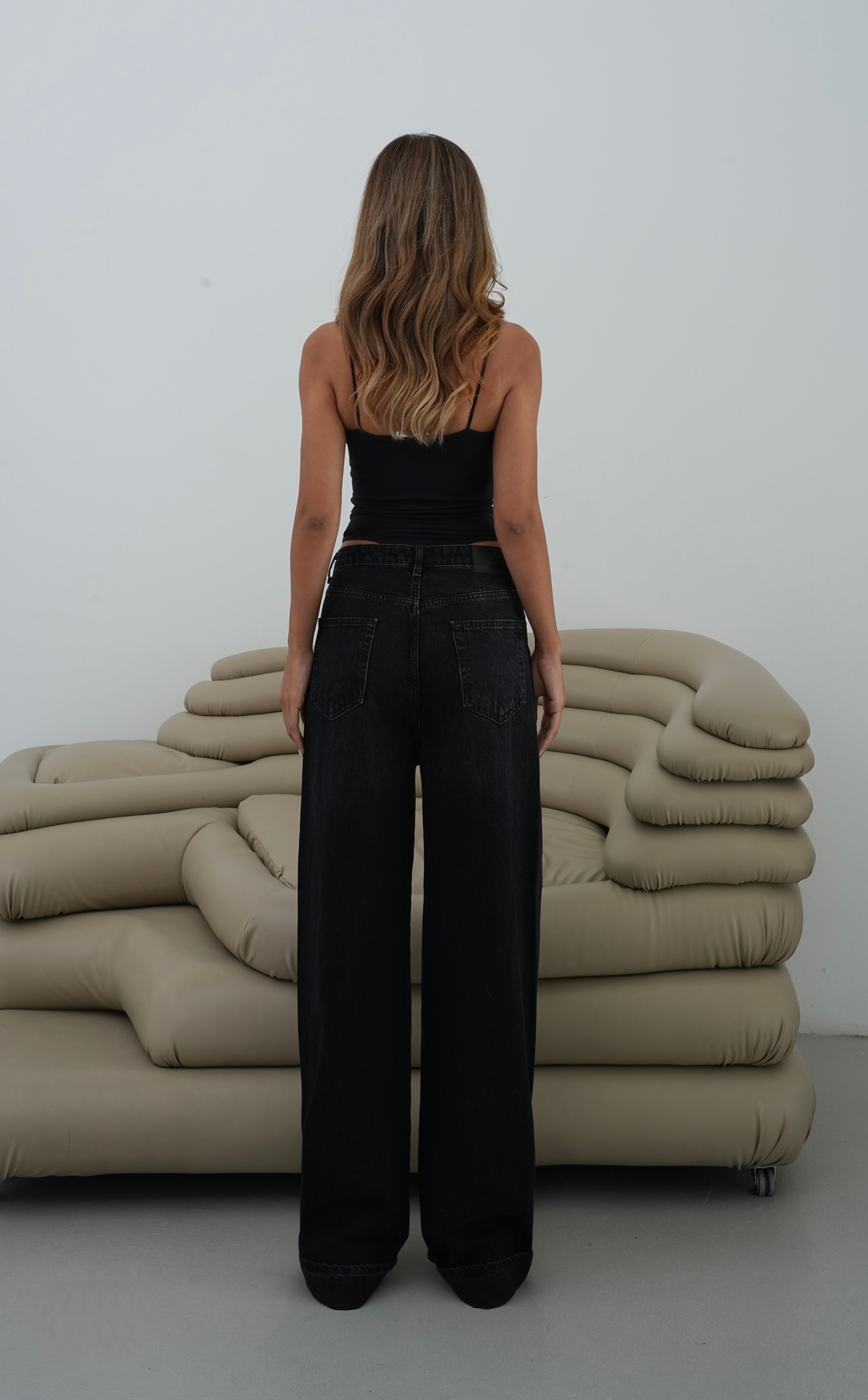 LACARINODüşük Bel Baggy Foldup Kalıp Paça Katlama Detaylı kadın Black Jean Pantolon