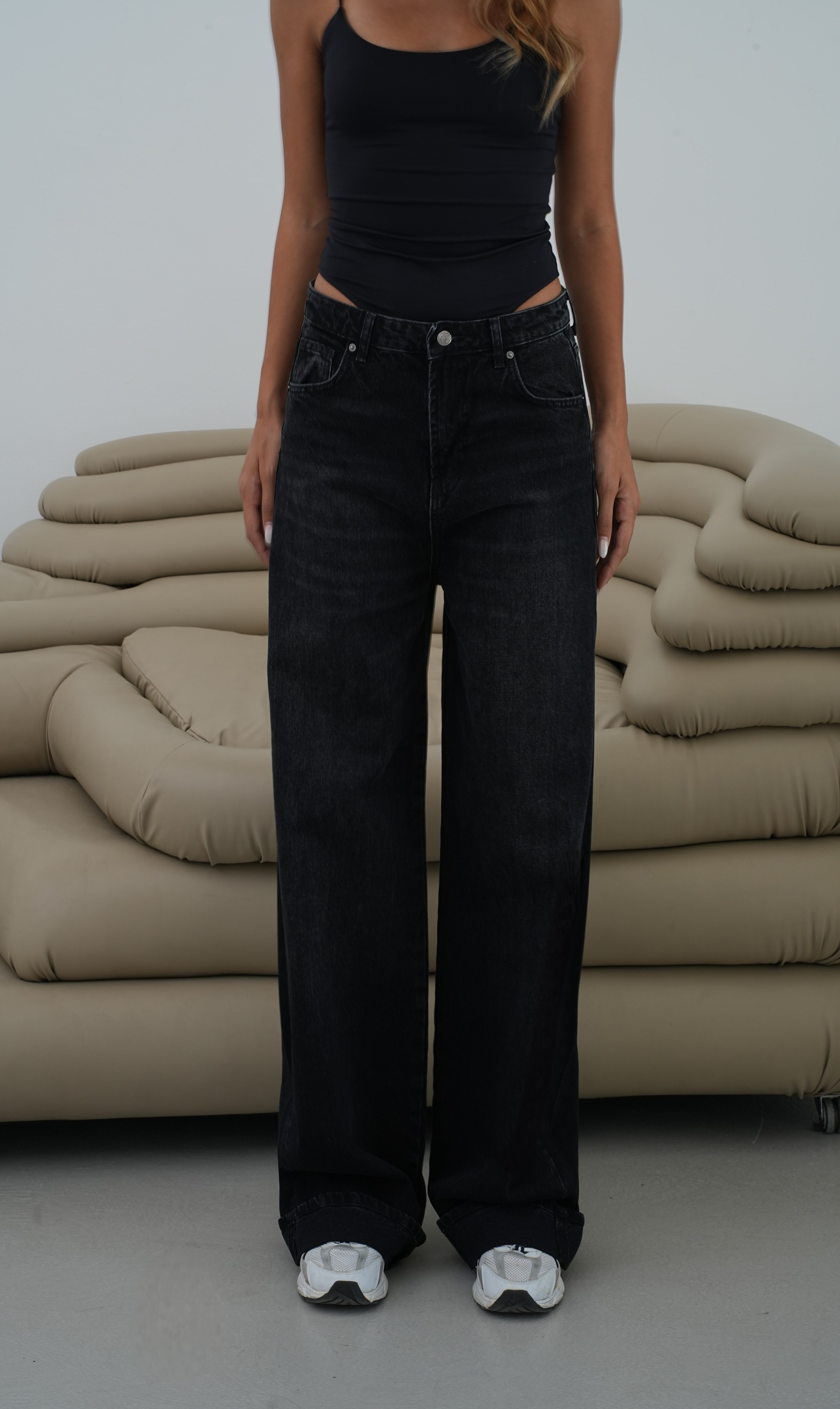 LACARINODüşük Bel Baggy Foldup Kalıp Paça Katlama Detaylı kadın Black Jean Pantolon