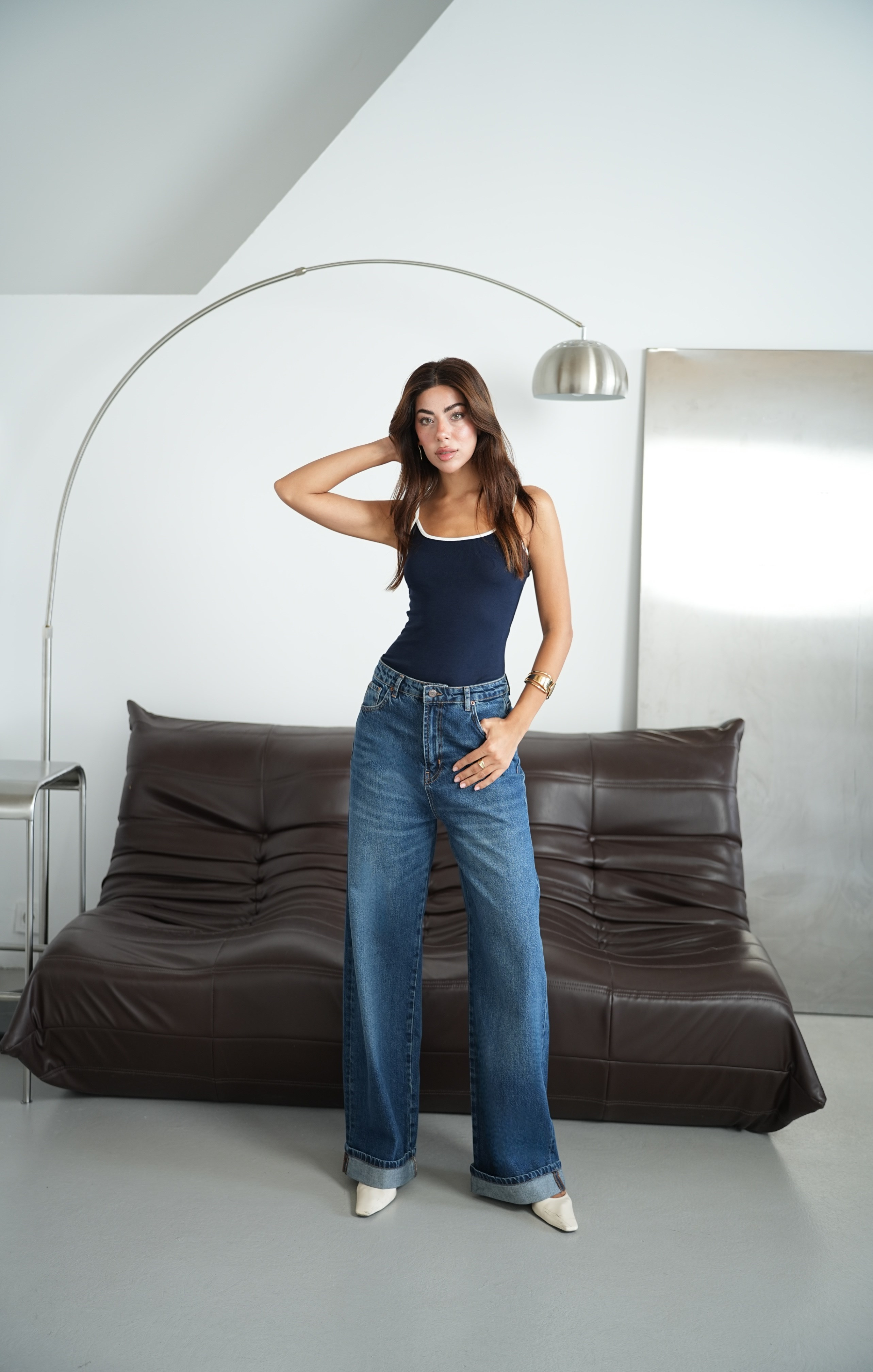 LACARINONormal Bel Baggy Foldup Kalıp Paça Katlama Detaylı kadın Dark Blue Jean Pantolon