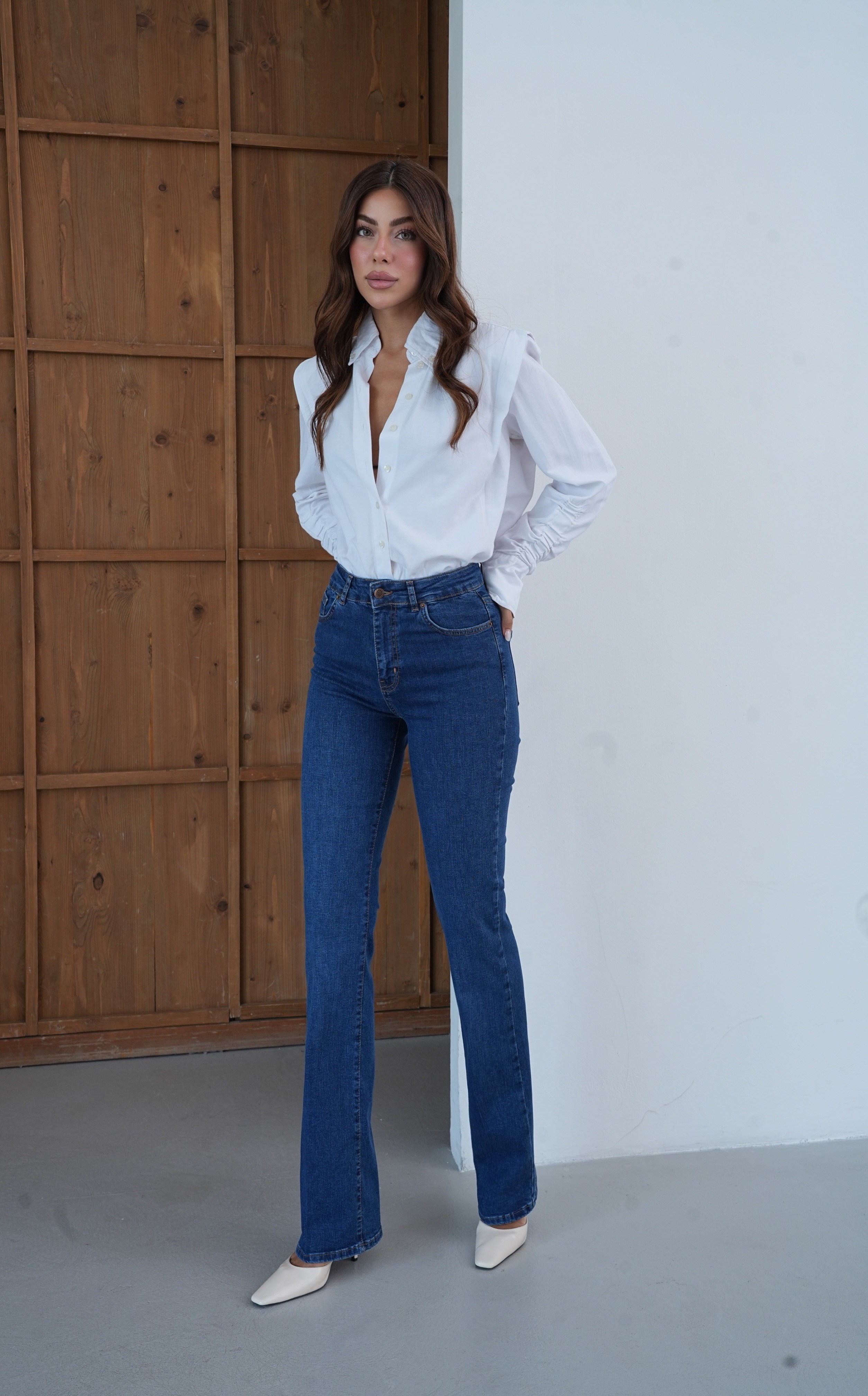 LACARINOYüksek Bel Yarım İspanyol Paça Dark Blue Jean Pantolon