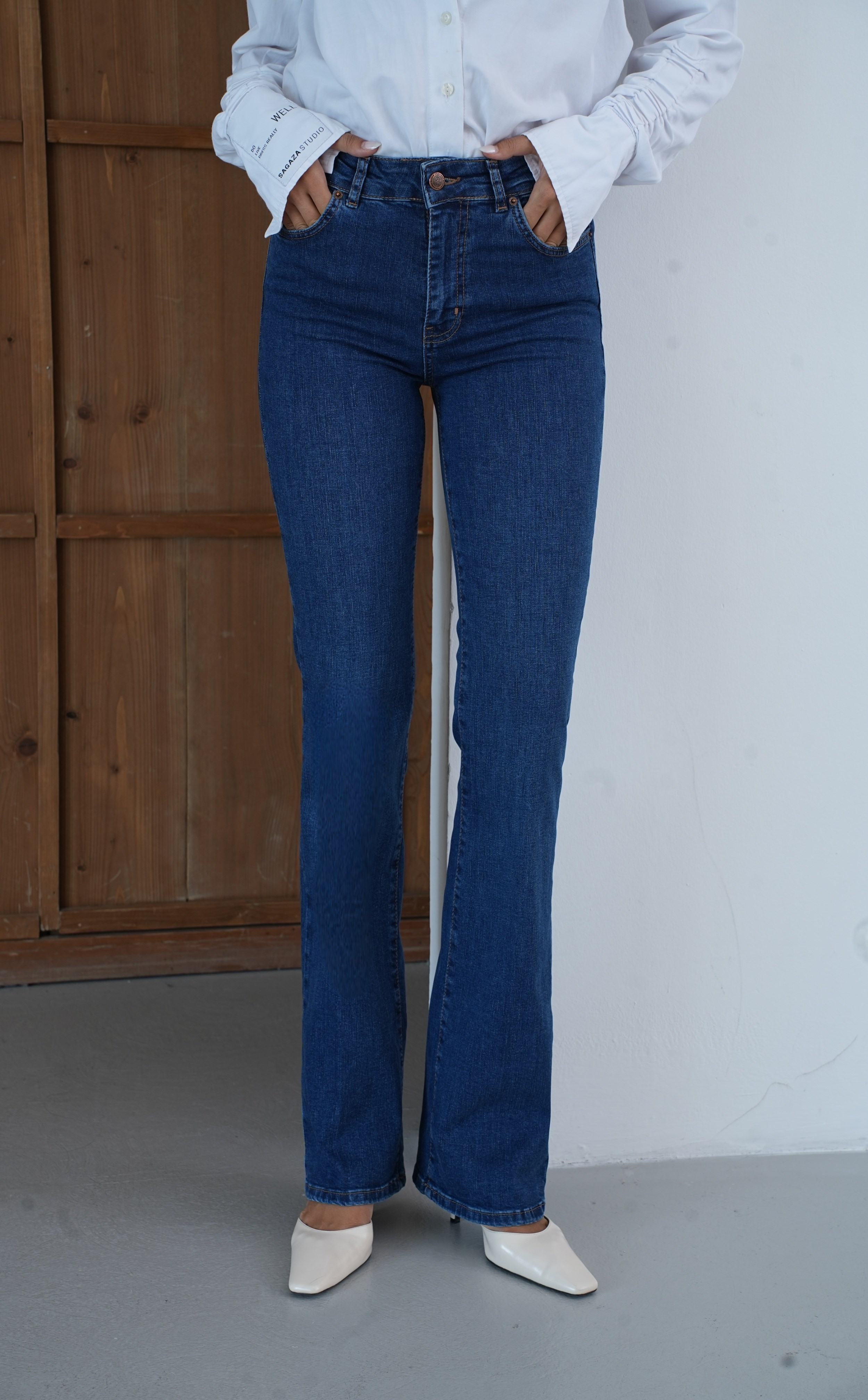 LACARINOYüksek Bel Yarım İspanyol Paça Dark Blue Jean Pantolon