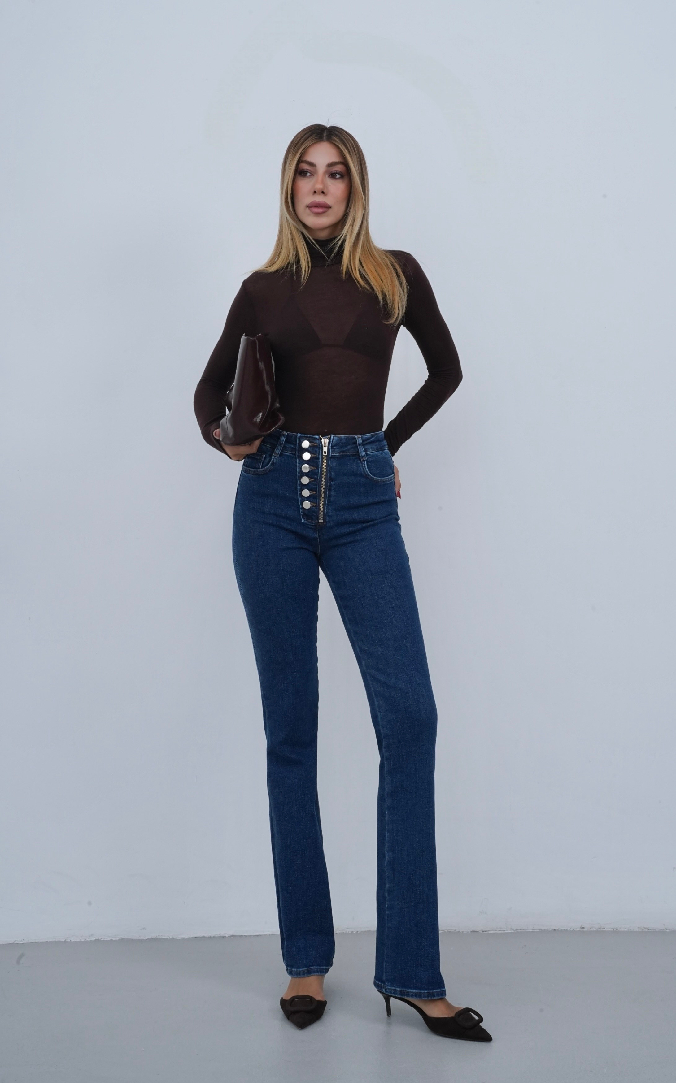 LACARINOYüksek Bel Önden Düğme Detaylı Fermuarlı Yarım Boru Paça Dark Blue Jean Pantolon