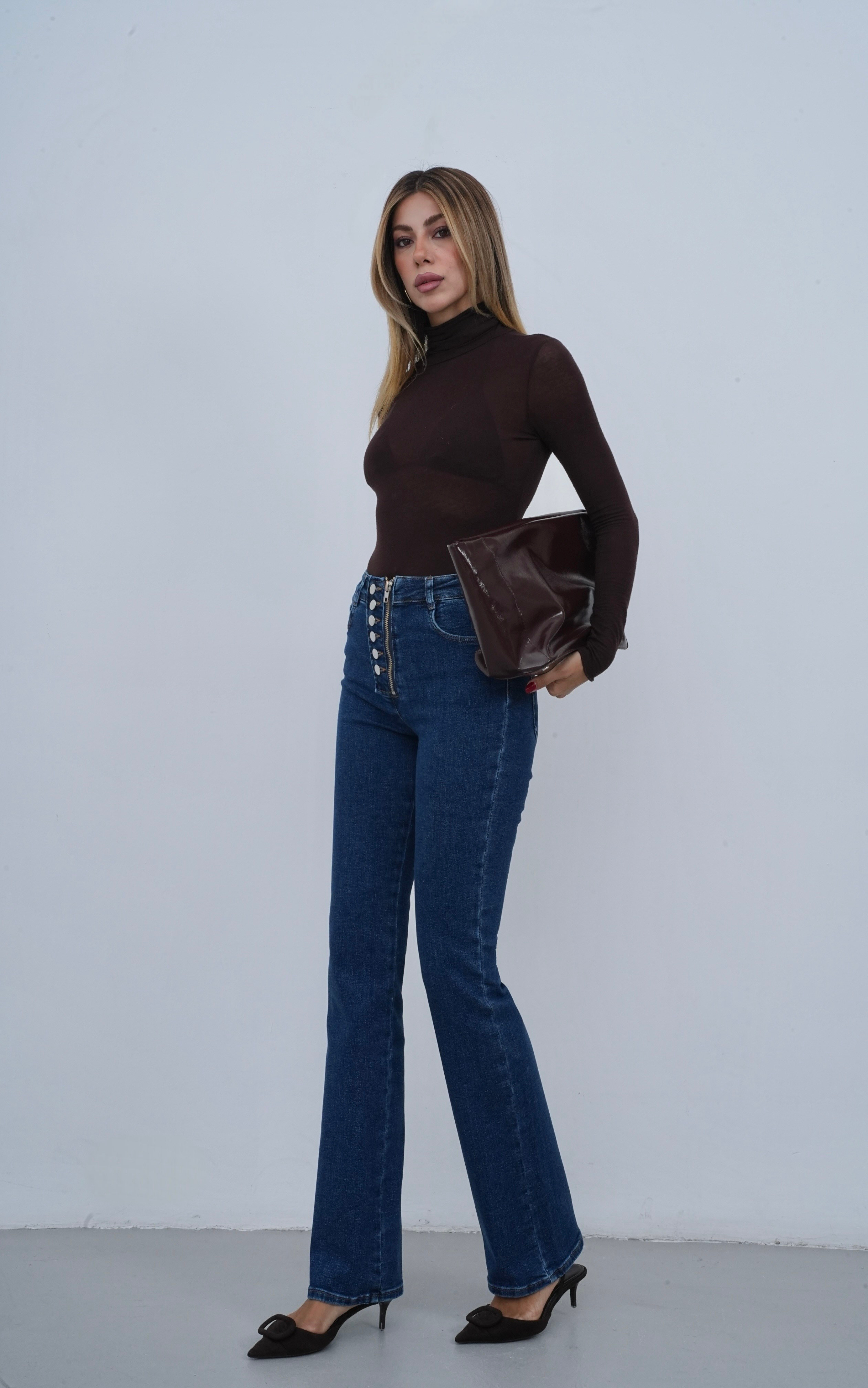 LACARINOYüksek Bel Önden Düğme Detaylı Fermuarlı Yarım Boru Paça Dark Blue Jean Pantolon