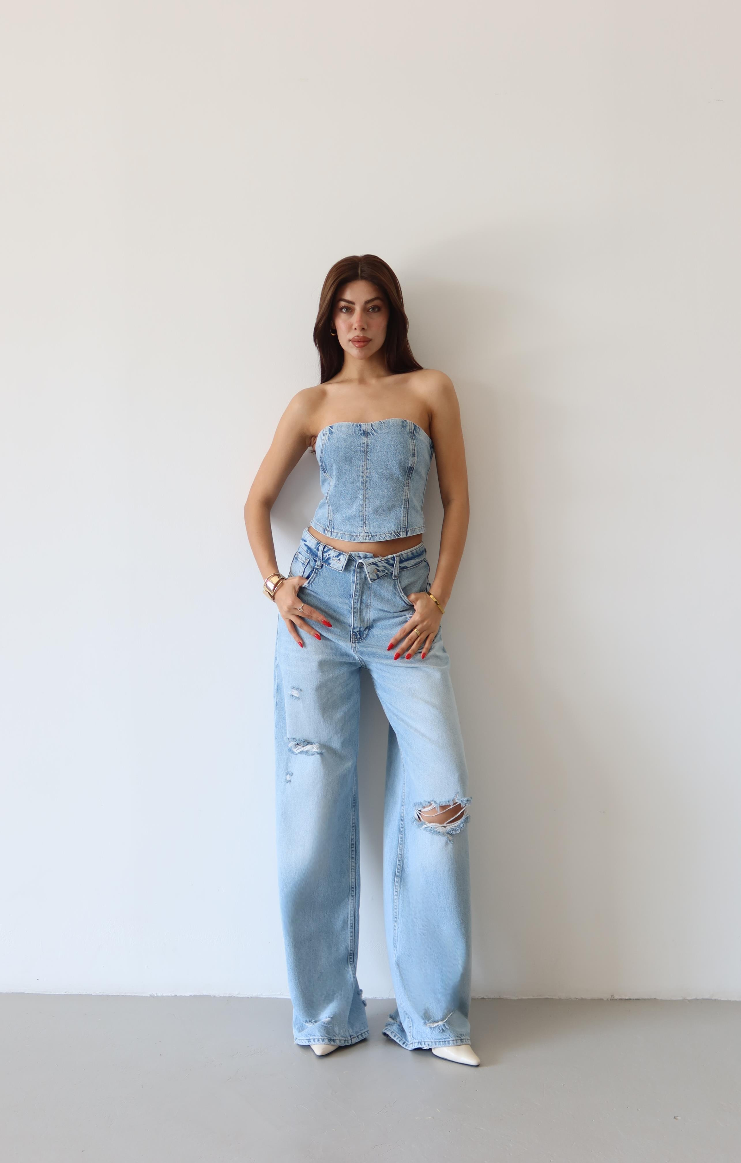 LACARINOArka Fermuarlı Akordiyon Detaylı Ice Blue Bustiyer
