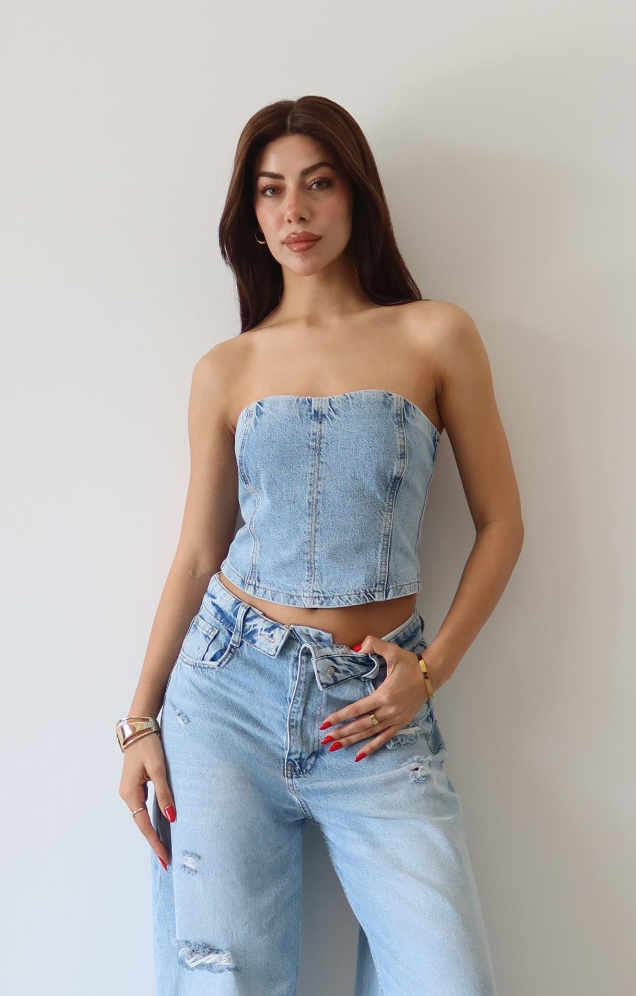 LACARINOArka Fermuarlı Akordiyon Detaylı Ice Blue Bustiyer