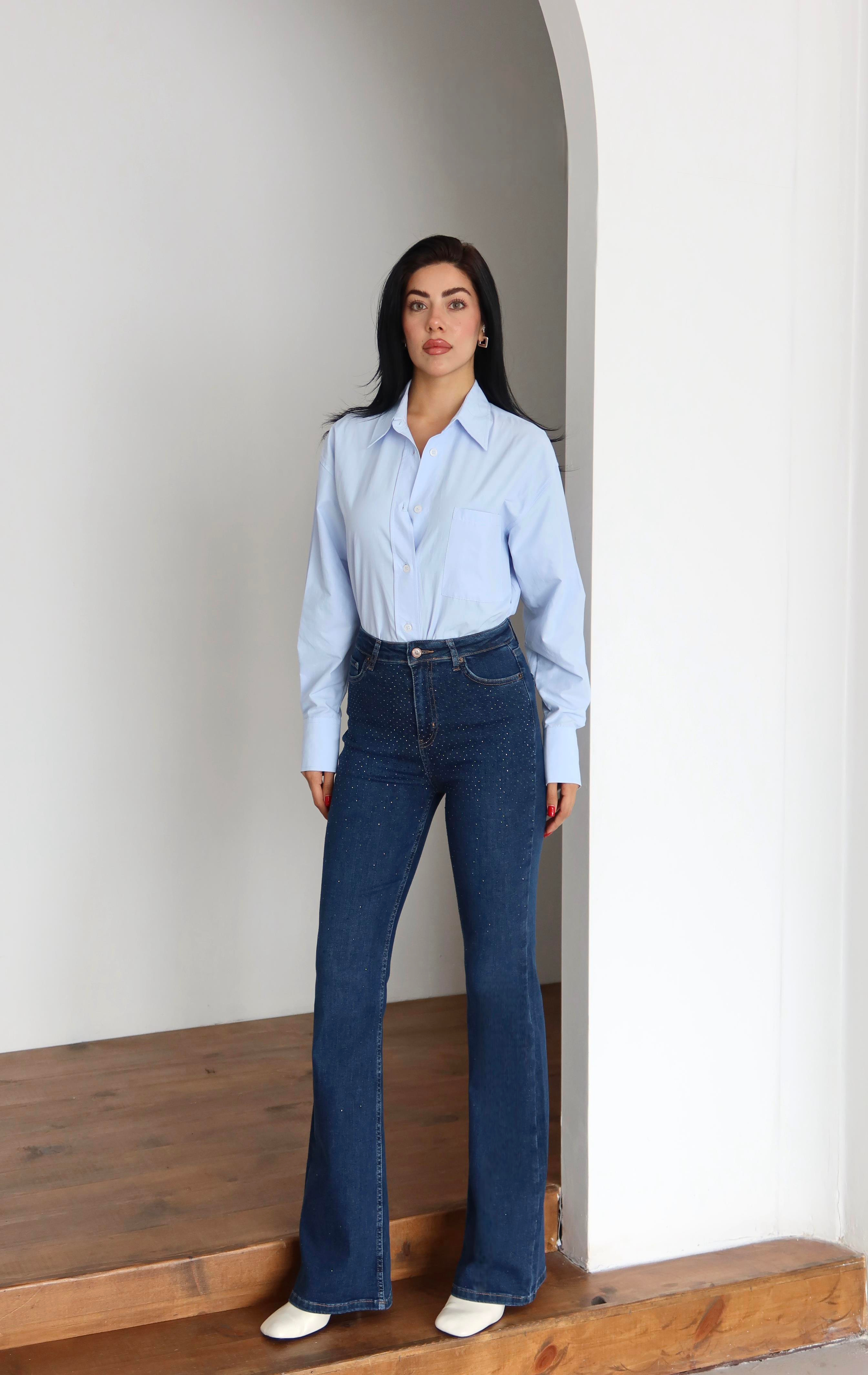 LACARINOYüksek Bel Yarım İspanyol Paça Taş Detaylı Dark Blue Jean Pantolon