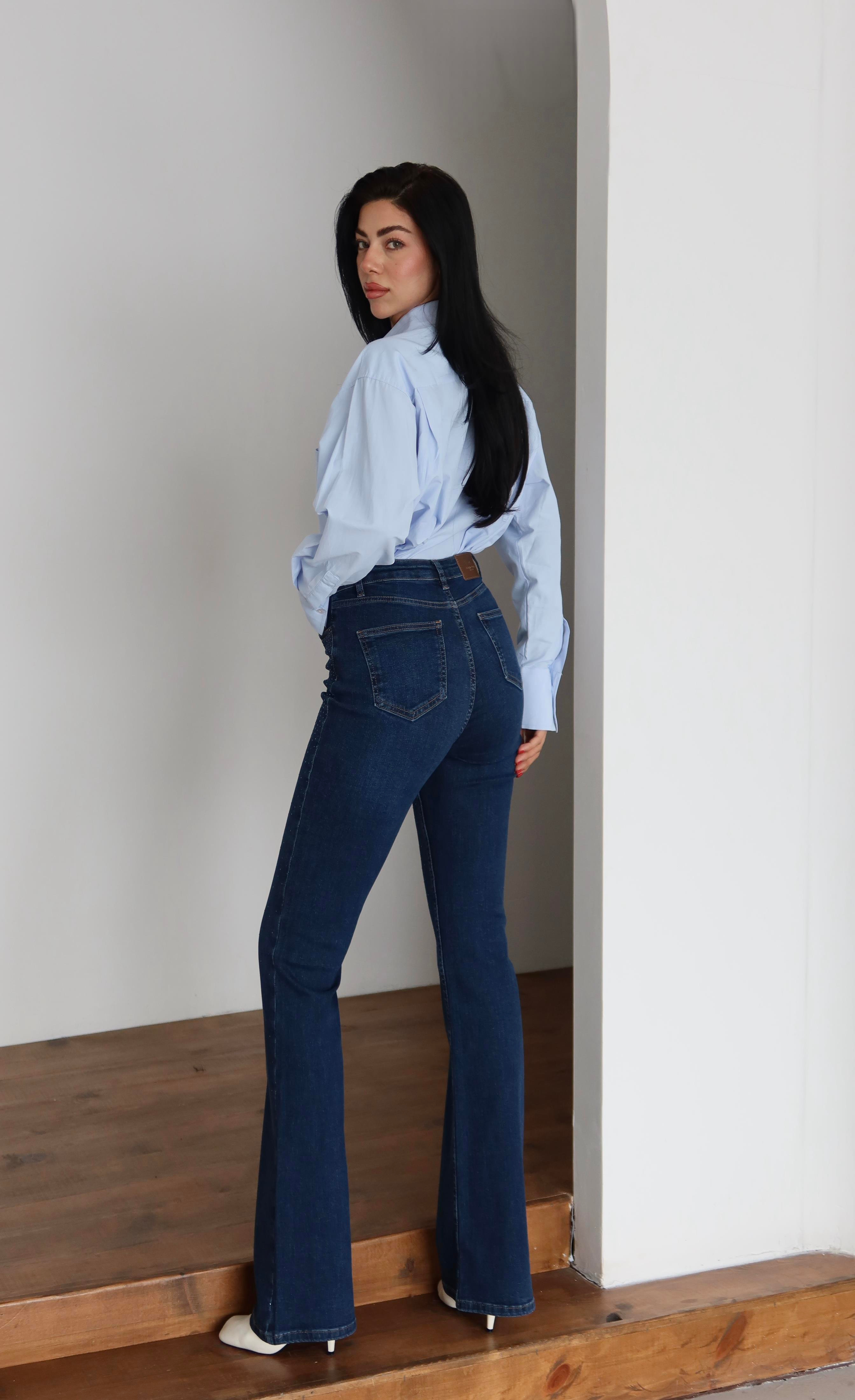 LACARINOYüksek Bel Yarım İspanyol Paça Taş Detaylı Dark Blue Jean Pantolon