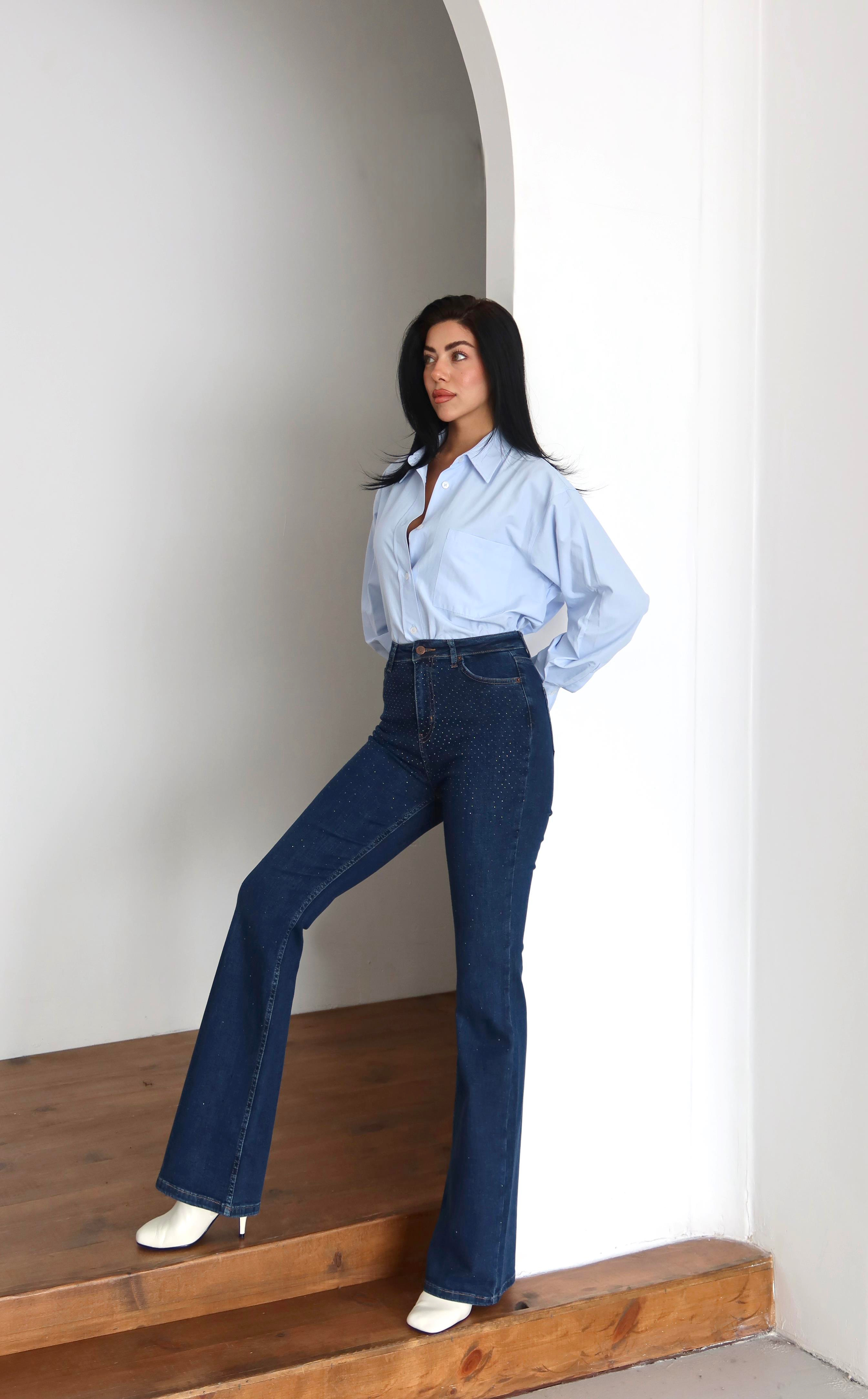 LACARINOYüksek Bel Yarım İspanyol Paça Taş Detaylı Dark Blue Jean Pantolon
