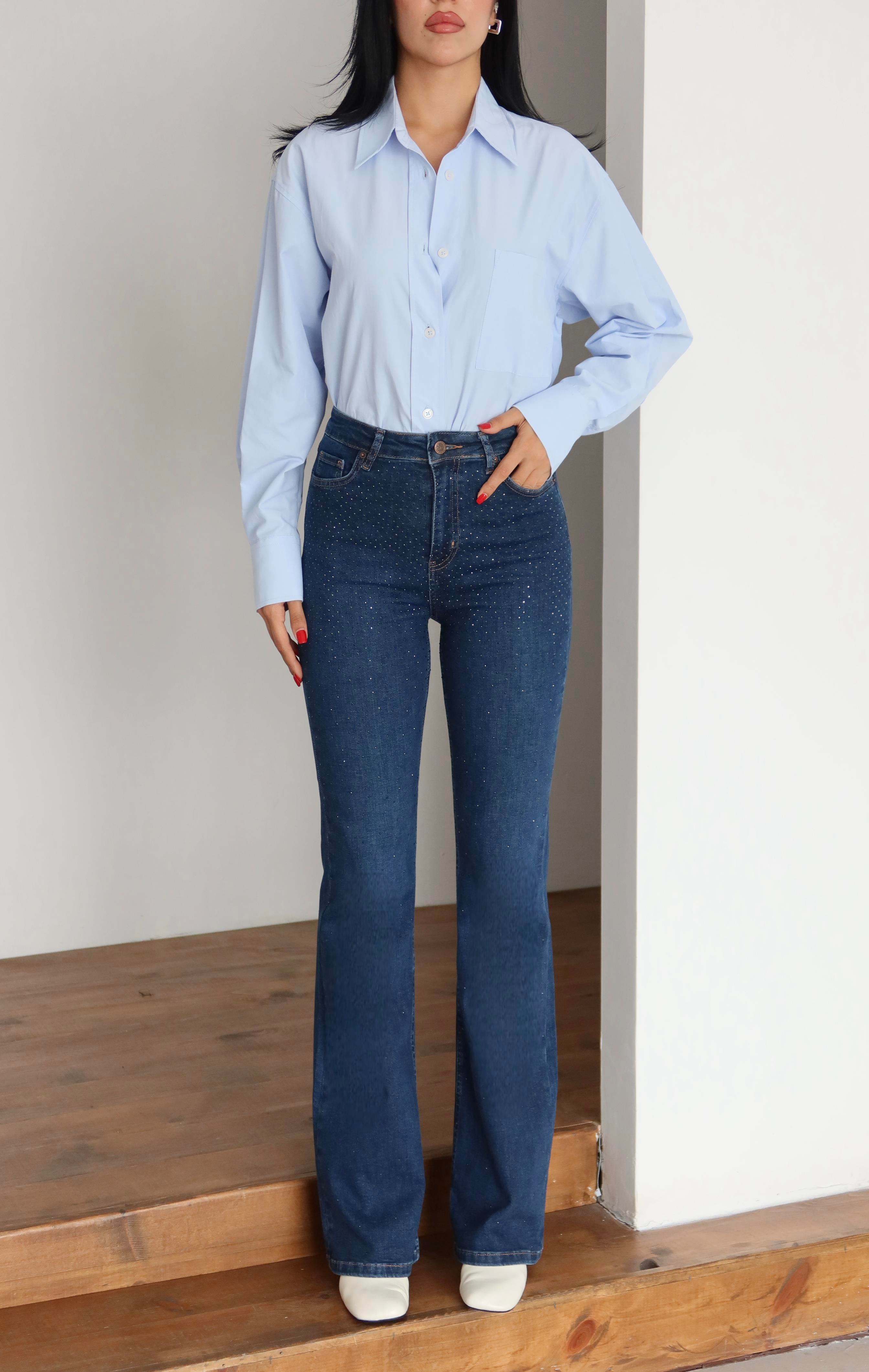 LACARINOYüksek Bel Yarım İspanyol Paça Taş Detaylı Dark Blue Jean Pantolon