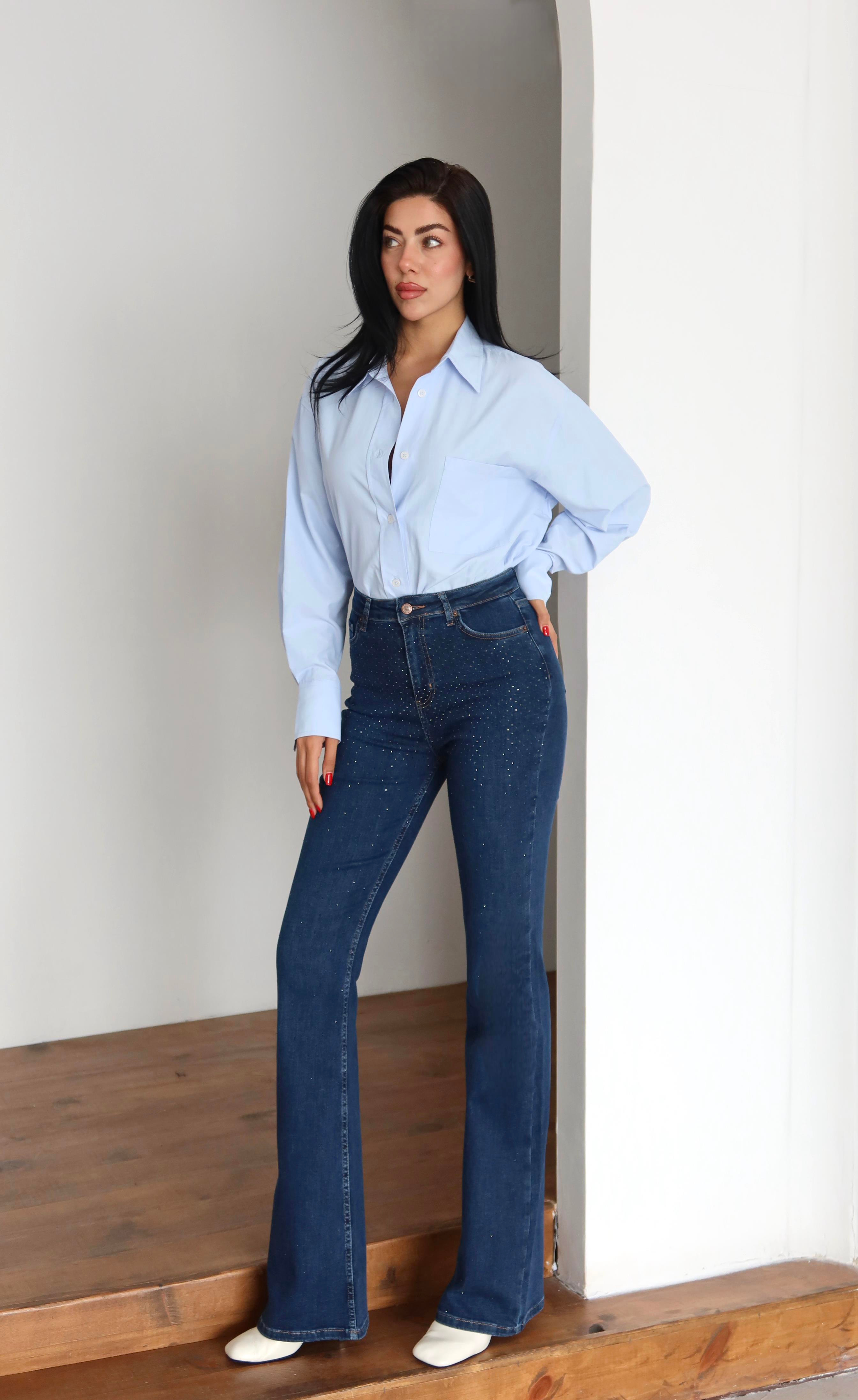 LACARINOYüksek Bel Yarım İspanyol Paça Taş Detaylı Dark Blue Jean Pantolon
