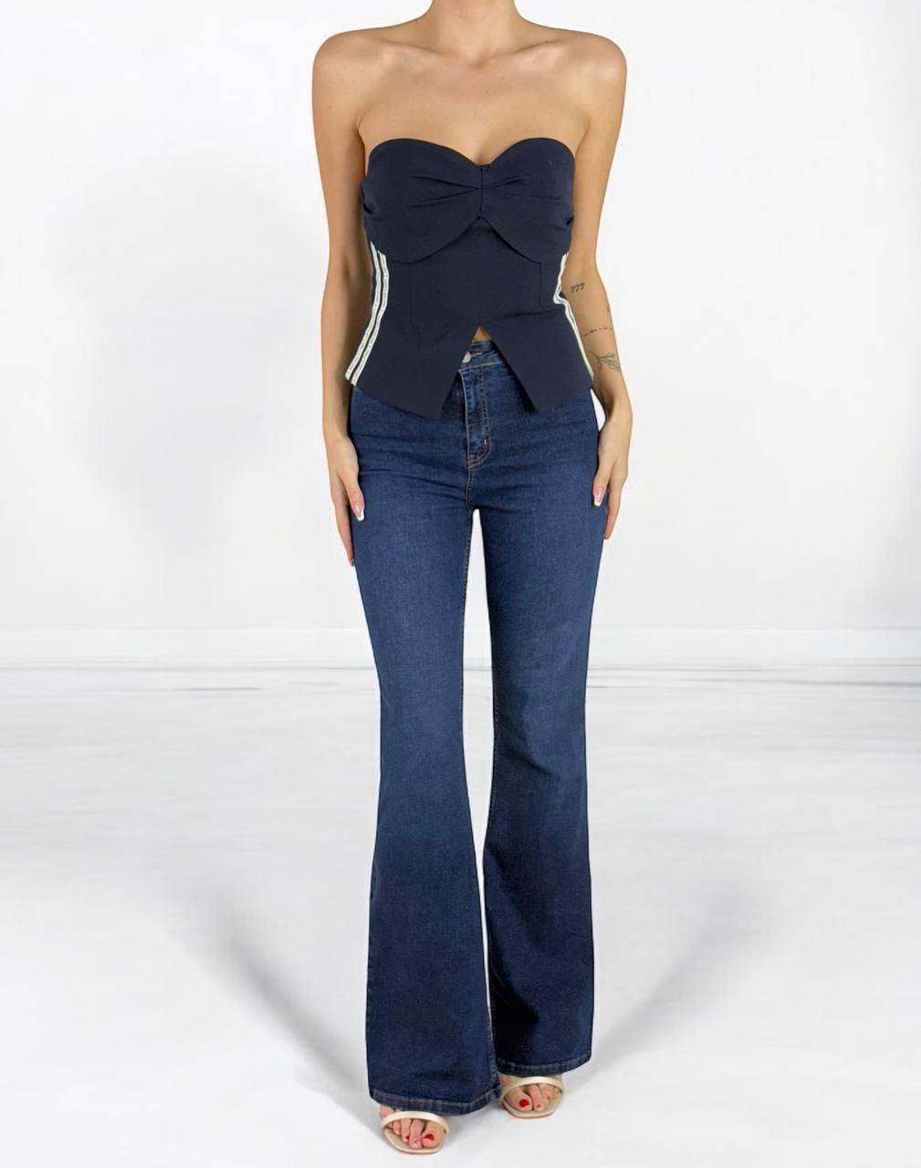 LACARINOYüksek Bel İspanyol Paça Dark Blue Kadın Jean Pantolon