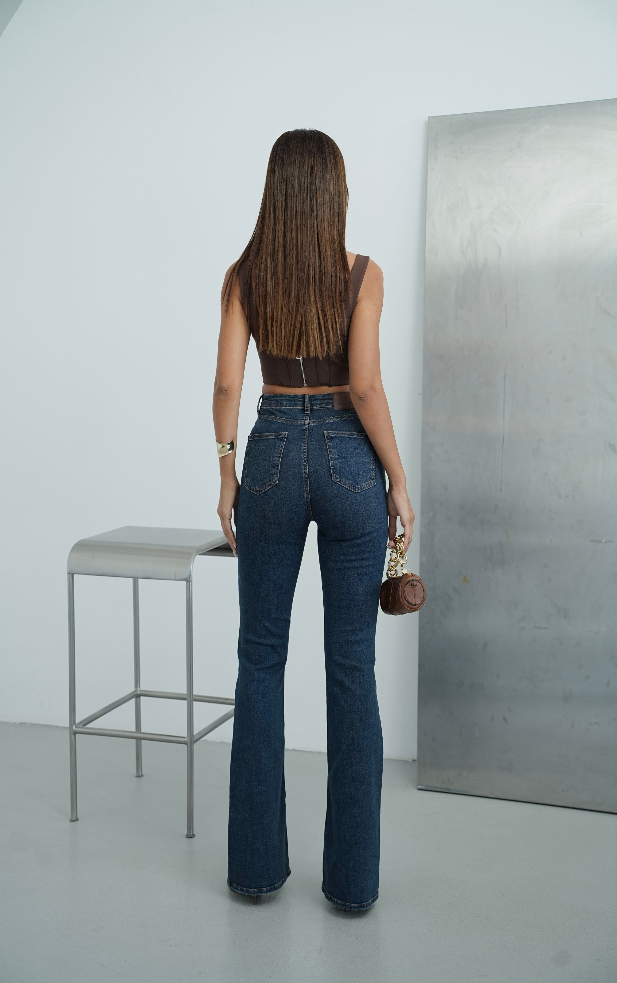 LACARINOYüksek Bel İspanyol Paça Dark Blue Tint Jean Pantolon