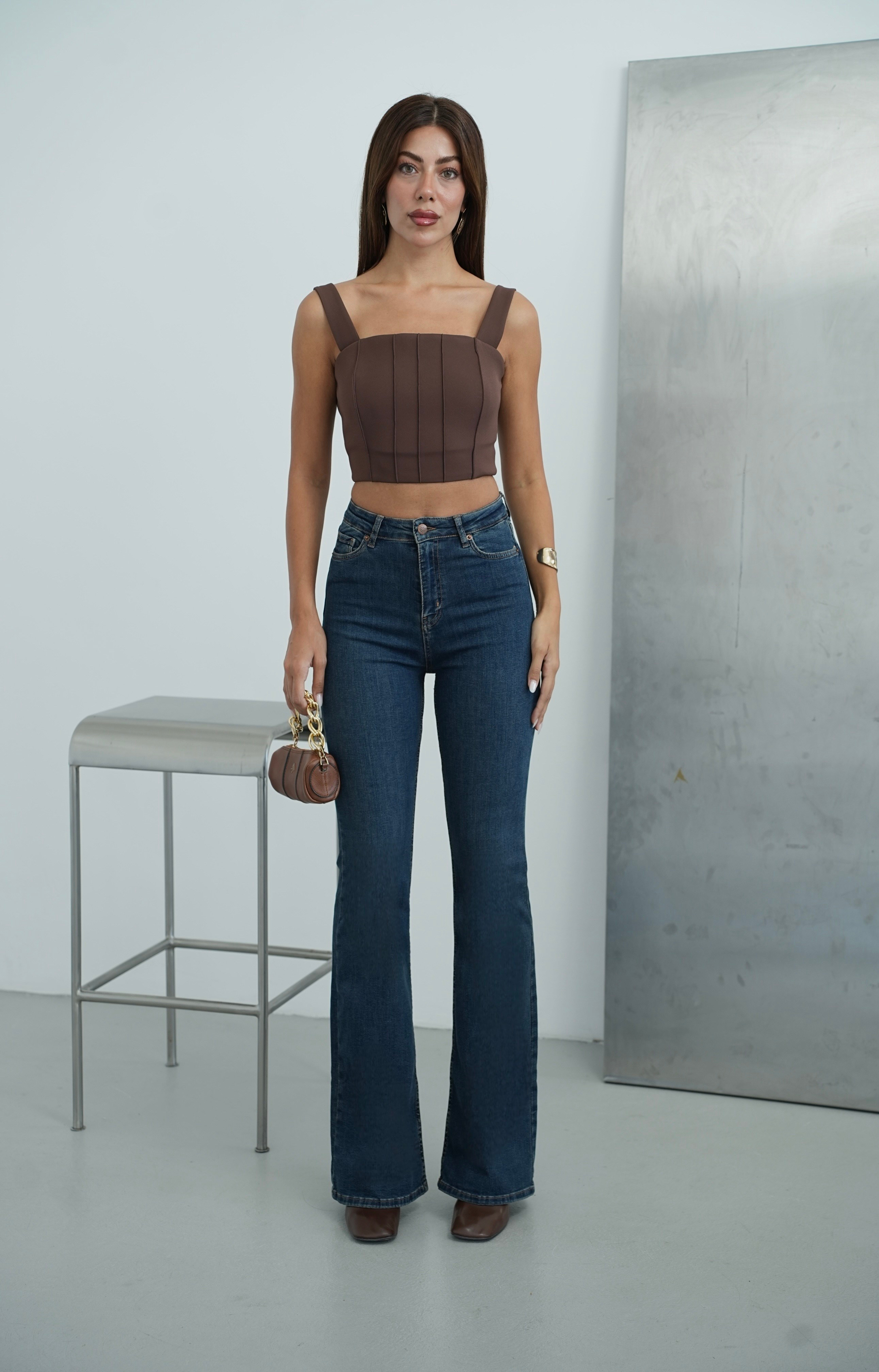 LACARINOYüksek Bel İspanyol Paça Dark Blue Tint Jean Pantolon