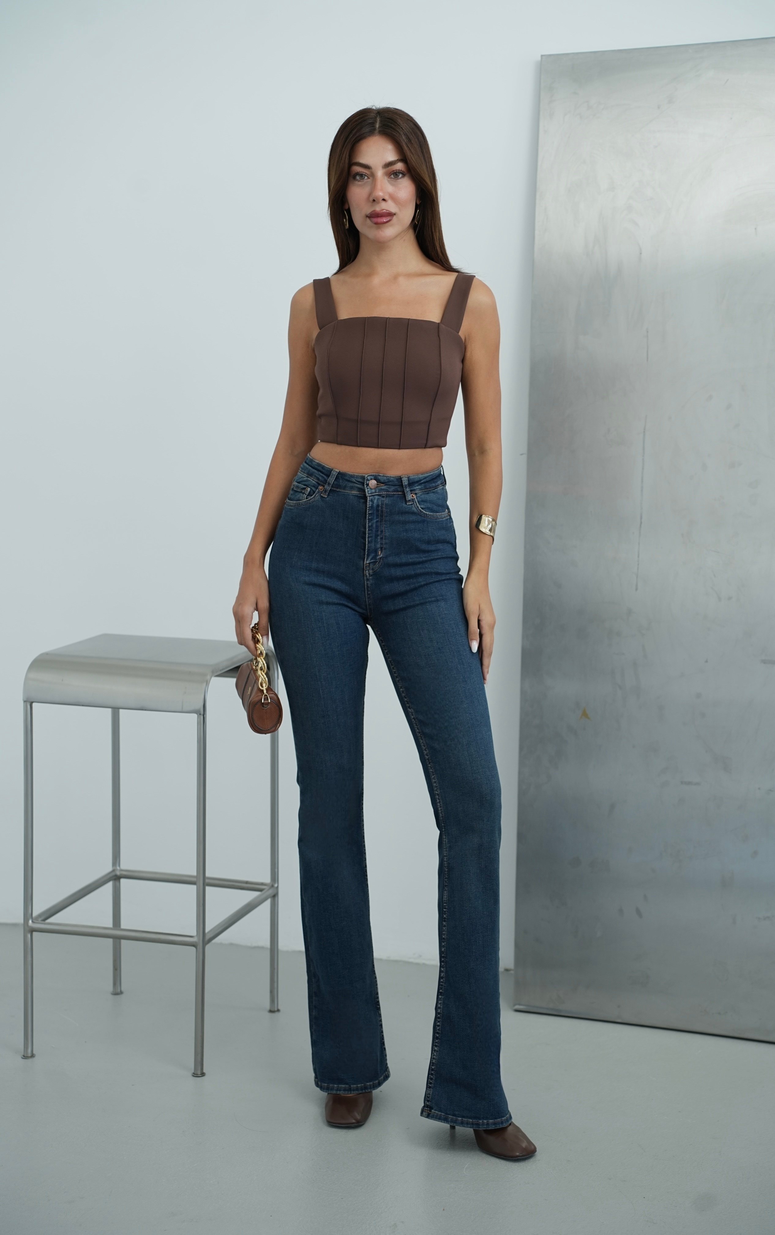 LACARINOYüksek Bel İspanyol Paça Dark Blue Tint Jean Pantolon