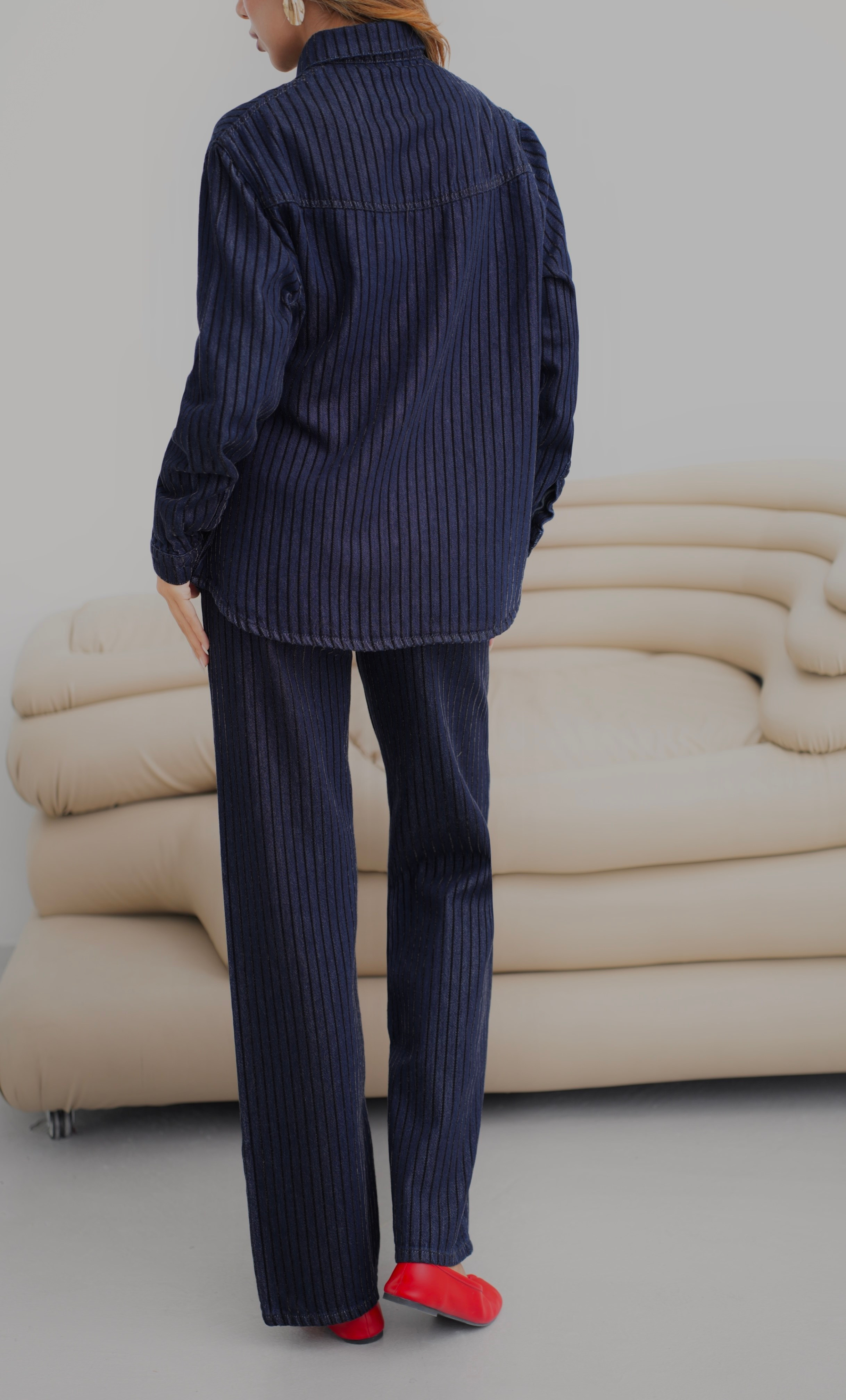 LACARINOSim Detaylı Çizgi Floklu 5 Düğmeli Navy BLue Jean Gömlek