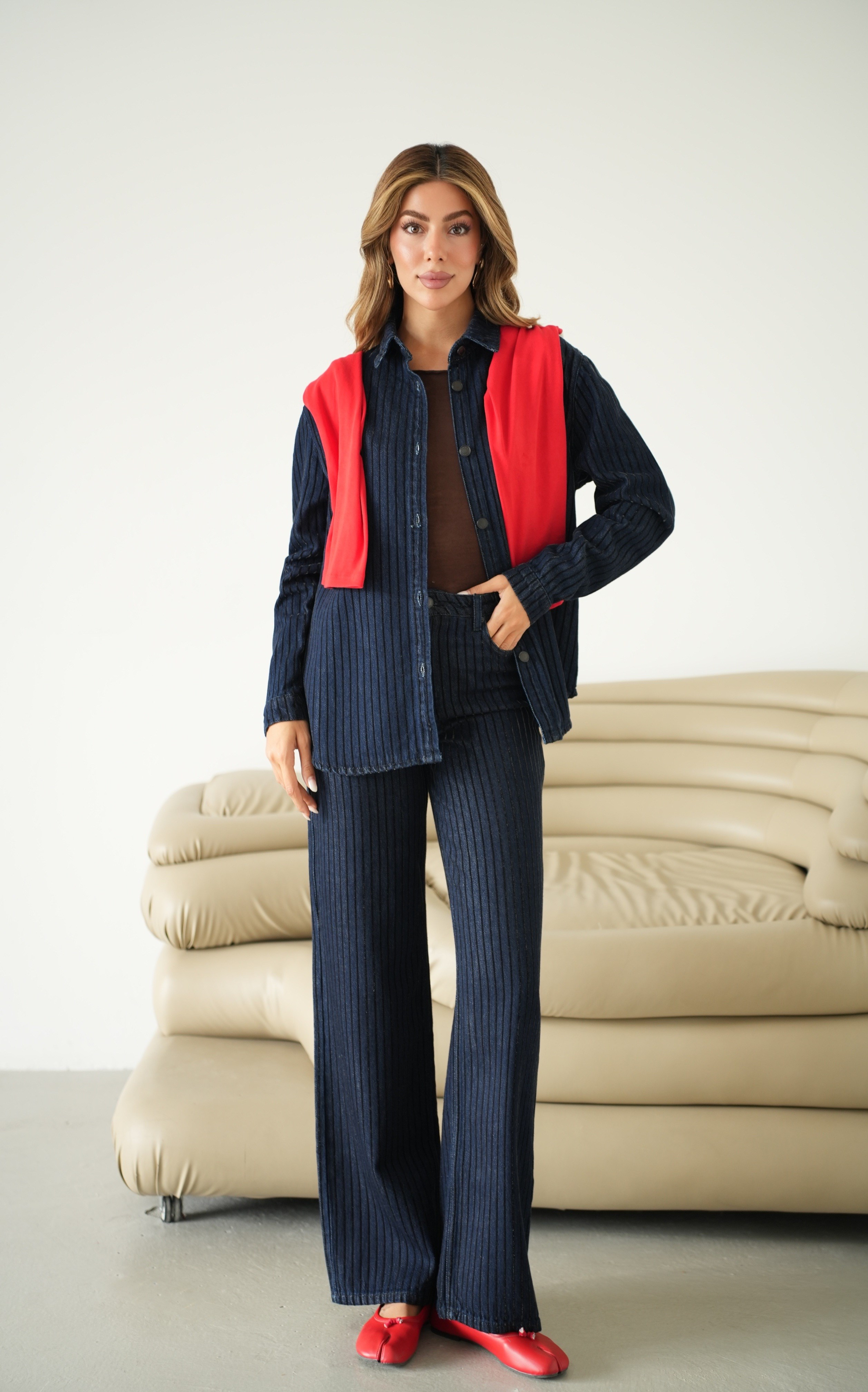 LACARINOSim Detaylı Çizgi Floklu 5 Düğmeli Navy BLue Jean Gömlek